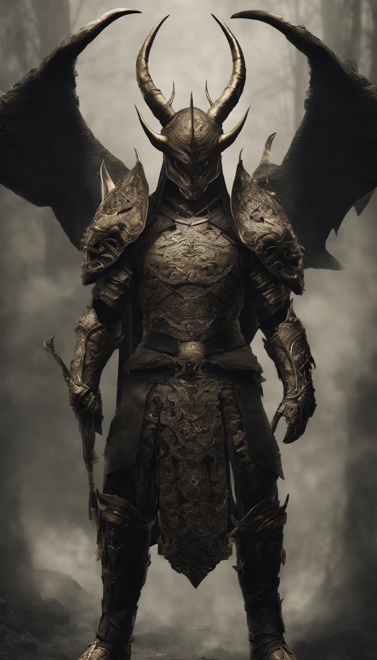 warrior, concept-art, author:Kishiganku, Fantasy art, Zen temple background, clean render, a horned, Wear a suit of armor, Detailed bushido form smoke, helmet of a forgotten deity, character is standing, 8k Realistic, in game render, detailed face background detail, Art station front page, taur, Pseudo-medieval fantasy, A deity wearing koi armor, detailed bronze armor, Bronze armor, golden etched armor, gold obsidian armor, Light gold armor, Gorgeous filigree armor, A demonic warrior, Gorgeous armor full of thorns, Intricate assasin armor, Intricate metal armor, powerful warrior, Dressed in gorgeous gold armor,Decorated with intricate patterns, The helmet has a large crown and two horns, Everything is in the dark, The smoky background hints at the battle scene, Add an ominous aura to his character,The Demon's Giant Demon Wings,submission, Full body shot.