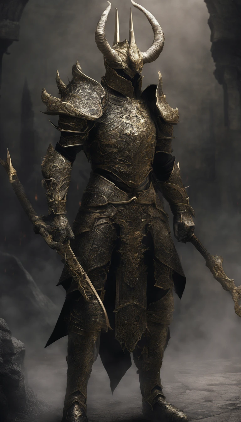 warrior, concept-art, author:Kishiganku, Fantasy art, Zen temple background, clean render, a horned, Wear a suit of armor, Detailed bushido form smoke, helmet of a forgotten deity, character is standing, 8k Realistic, in game render, detailed face background detail, Art station front page, taur, Pseudo-medieval fantasy, A deity wearing koi armor, detailed bronze armor, Bronze armor, golden etched armor, gold obsidian armor, Light gold armor, Gorgeous filigree armor, A demonic warrior, Gorgeous armor full of thorns, Intricate assasin armor, Intricate metal armor, powerful warrior, Dressed in gorgeous gold armor,Decorated with intricate patterns, The helmet has a large crown and two horns, Everything is in the dark, The smoky background hints at the battle scene, Add an ominous aura to his character,The Demon's Giant Demon Wings,submission, Full body shot.