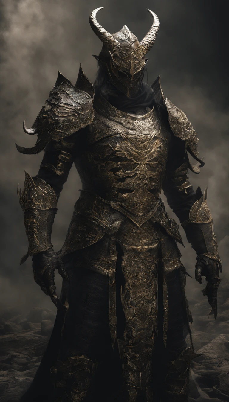 warrior, concept-art, author:Kishiganku, Fantasy art, Zen temple background, clean render, a horned, Wear a suit of armor, Detailed bushido form smoke, helmet of a forgotten deity, character is standing, 8k Realistic, in game render, detailed face background detail, Art station front page, taur, Pseudo-medieval fantasy, A deity wearing koi armor, detailed bronze armor, Bronze armor, golden etched armor, gold obsidian armor, Light gold armor, Gorgeous filigree armor, A demonic warrior, Gorgeous armor full of thorns, Intricate assasin armor, Intricate metal armor, powerful warrior, Dressed in gorgeous gold armor,Decorated with intricate patterns, The helmet has a large crown and two horns, Everything is in the dark, The smoky background hints at the battle scene, Add an ominous aura to his character,The Demon's Giant Demon Wings,submission, Full body shot.