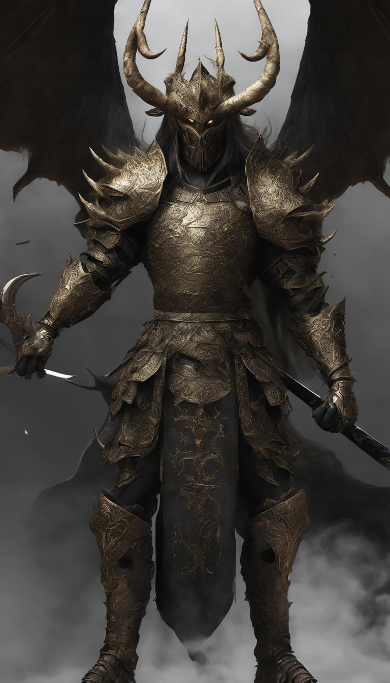 warrior, concept-art, author:Kishiganku, Fantasy art, Zen temple background, clean render, a horned, Wear a suit of armor, Detailed bushido form smoke, helmet of a forgotten deity, character is standing, 8k Realistic, in game render, detailed face background detail, Art station front page, taur, Pseudo-medieval fantasy, A deity wearing koi armor, detailed bronze armor, Bronze armor, golden etched armor, gold obsidian armor, Light gold armor, Gorgeous filigree armor, A demonic warrior, Gorgeous armor full of thorns, Intricate assasin armor, Intricate metal armor, powerful warrior, Dressed in gorgeous gold armor,Decorated with intricate patterns, The helmet has a large crown and two horns, Everything is in the dark, The smoky background hints at the battle scene, Add an ominous aura to his character,The Demon's Giant Demon Wings,submission, Full body shot.
