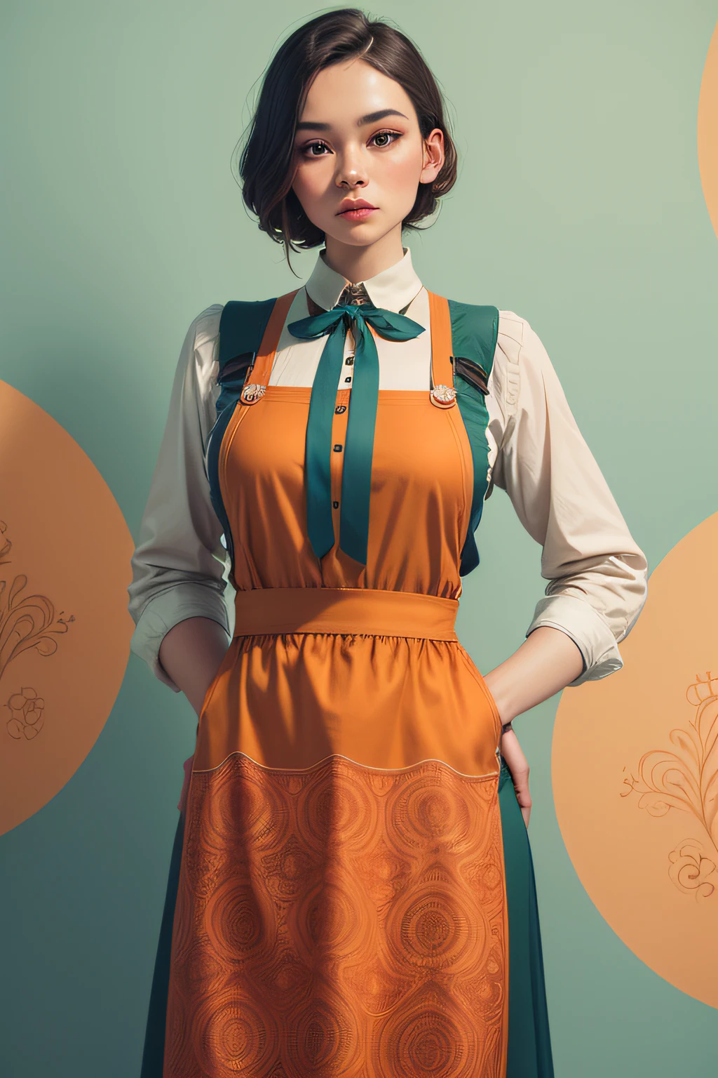 A vintage-style apron, predominantly in burnt orange and teal, featuring surrealistic imagery. The apron exudes classic elegance with intricate patterns, a tailored fit, and dreamlike scenes that transport you to another world. It ties securely at the back, making it a statement piece that combines history and avant-garde artistry.