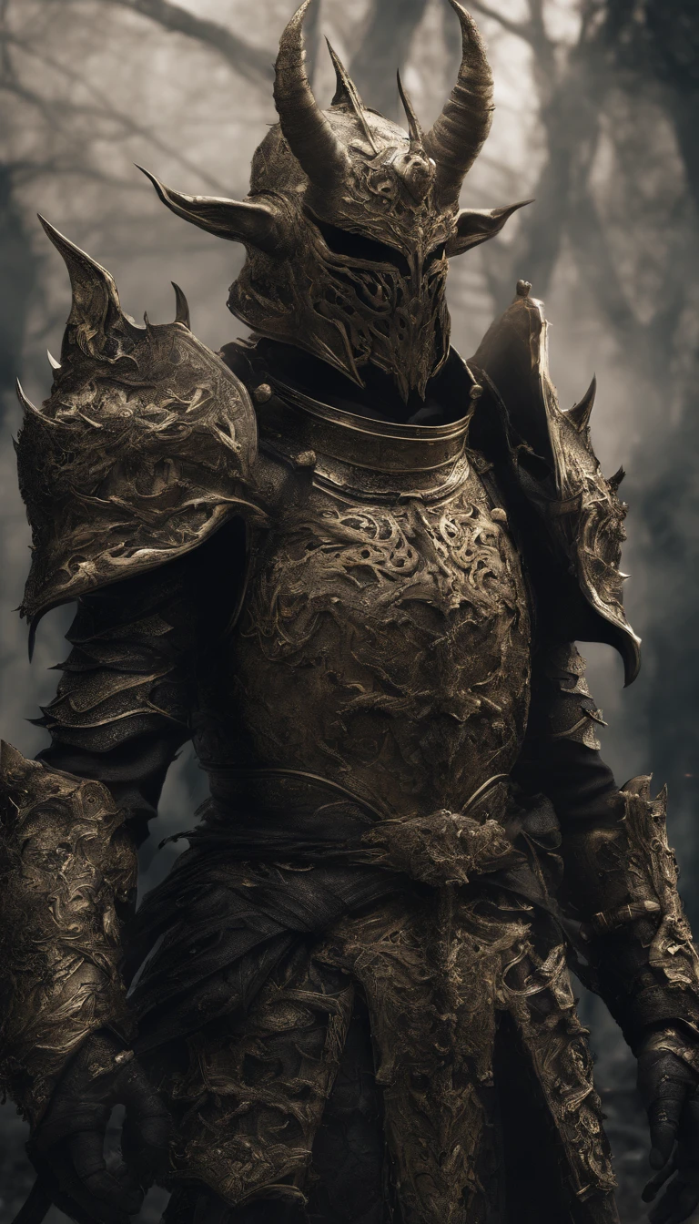 warrior, concept-art, author:Kishiganku, Fantasy art, Zen temple background, clean render, a horned, Wear a suit of armor, Detailed bushido form smoke, helmet of a forgotten deity, character is standing, 8k Realistic, in game render, detailed face background detail, Art station front page, taur, Pseudo-medieval fantasy, A deity wearing koi armor, detailed bronze armor, Bronze armor, golden etched armor, gold obsidian armor, Light gold armor, Gorgeous filigree armor, A demonic warrior, Gorgeous armor full of thorns, Intricate assasin armor, Intricate metal armor, powerful warrior, Dressed in gorgeous gold armor,Decorated with intricate patterns, The helmet has a large crown and two horns, Everything is in the dark, The smoky background hints at the battle scene, Add an ominous aura to his character,The Demon's Giant Demon Wings,submission, Full body shot.