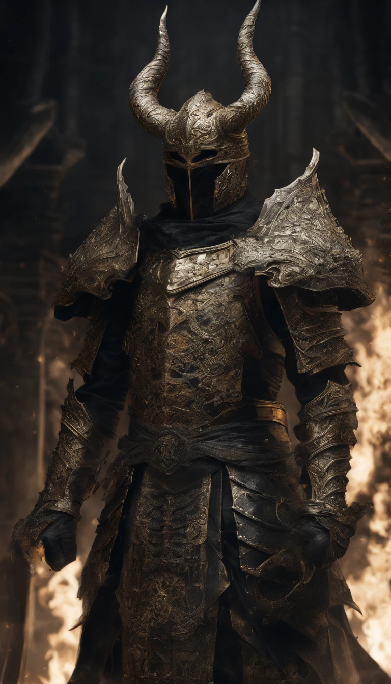 warrior, concept-art, author：Kishiganku, Fantasy art, Zen temple background, clean render, a horned, Wear a suit of armor, Detailed bushido form smoke, helmet of a forgotten deity, character is standing, 8k Realistic, in game render, detailed face background detail, Art station front page, taur, Pseudo-medieval fantasy, A deity wearing koi armor, detailed bronze armor, Bronze armor, golden etched armor, gold obsidian armor, Light gold armor, Gorgeous filigree armor, A demonic warrior, Gorgeous armor full of thorns, Intricate assasin armor, Intricate metal armor, powerful warrior, Dressed in gorgeous gold armor，Decorated with intricate patterns, The helmet has a large crown and two horns, Everything is in the dark, The smoky background hints at the battle scene, Add an ominous aura to his character，The Demon's Giant Demon Wings，submission, Full body shot.