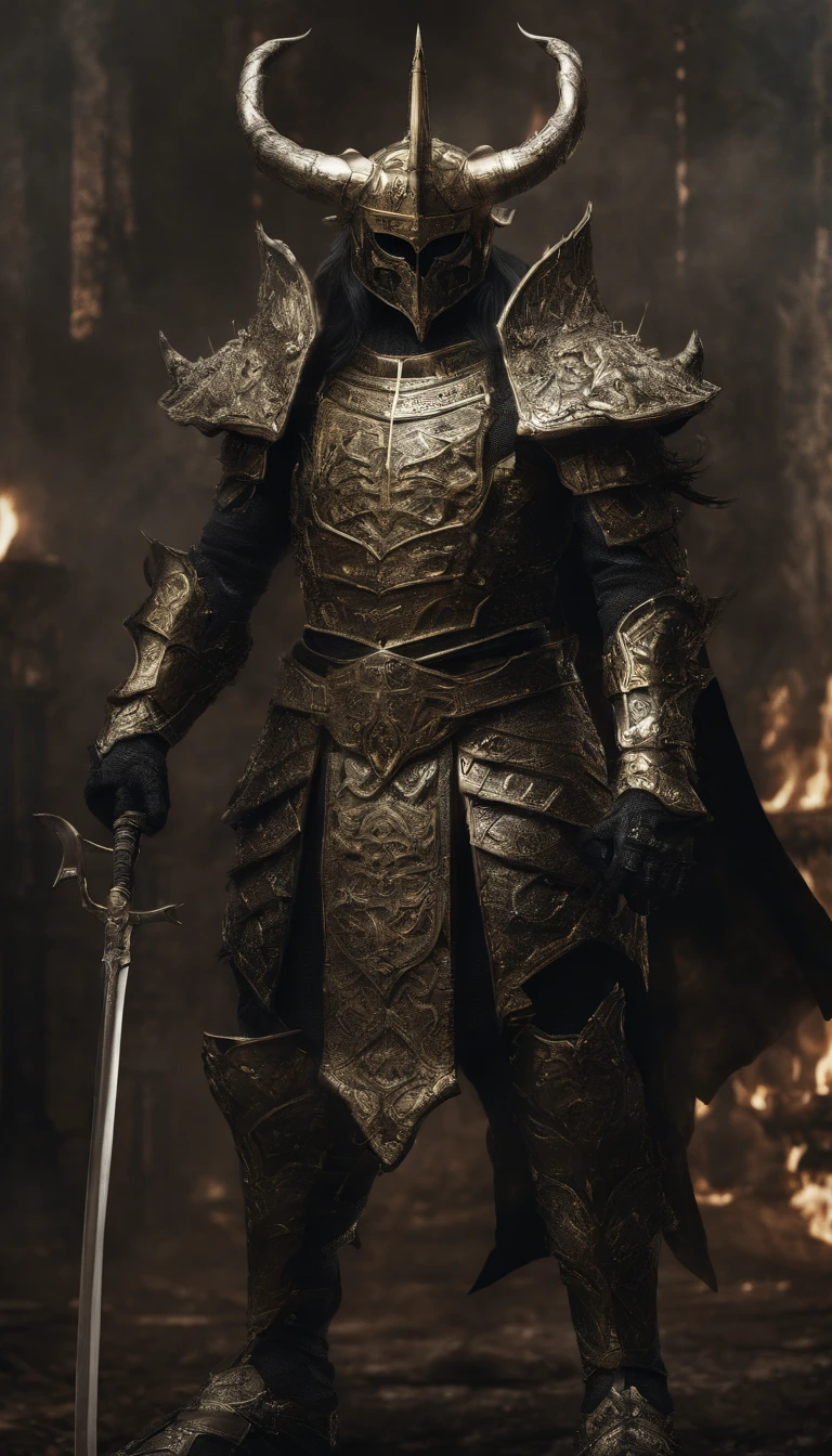 warrior, concept-art, author:Kishiganku, Fantasy art, Zen temple background, clean render, a horned, Wear a suit of armor, Detailed bushido form smoke, helmet of a forgotten deity, character is standing, 8k Realistic, in game render, detailed face background detail, Art station front page, taur, Pseudo-medieval fantasy, A deity wearing koi armor, detailed bronze armor, Bronze armor, golden etched armor, gold obsidian armor, Light gold armor, Gorgeous filigree armor, A demonic warrior, Gorgeous armor full of thorns, Intricate assasin armor, Intricate metal armor, powerful warrior, Dressed in gorgeous gold armor,Decorated with intricate patterns, The helmet has a large crown and two horns, Everything is in the dark, The smoky background hints at the battle scene, Add an ominous aura to his character,The Demon's Giant Demon Wings,submission, Full body shot.