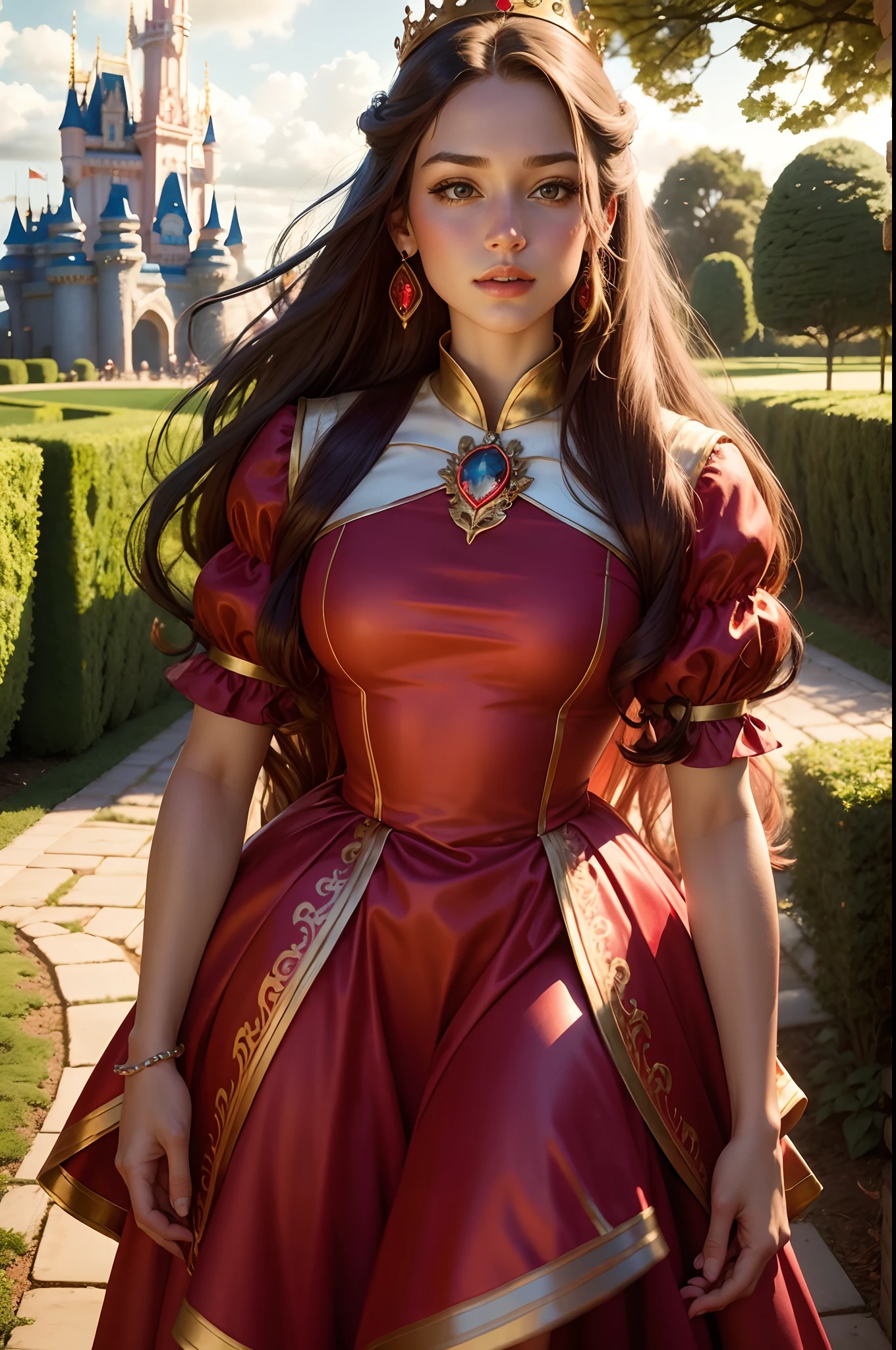 Beautiful Girl Wearing Red Prinses Dress, long Hair, Prinses Crown,
Pose in the Garden, Disney Style, Colorful, cinematic Lighting.