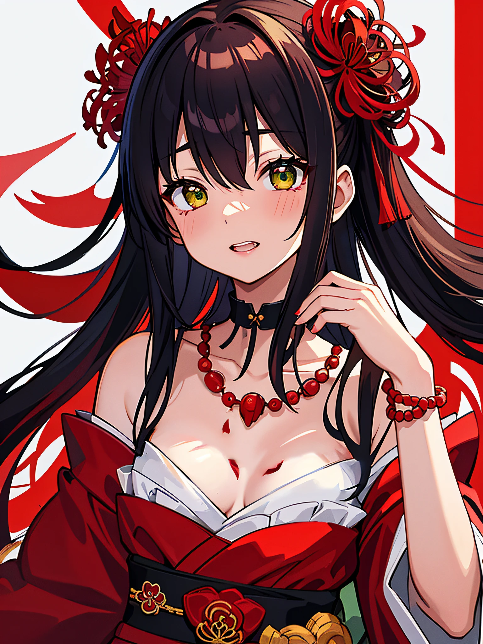 (top-quality、hight resolution、8k、masterpiece:1.2)。Curvaceous but slender、Muchimuchi Body、The whole area is filled with Red Spider Lily、Red spider lily in bloom、A woman sits in the middle of a red spider lily in full bloom。With a mysterious look、Kimono and double teeth are characteristic.。Wearing a kimono splattered with blood、I'm holding some kind of murder weapon in my hand.。The crazy expression and the gap between her and the Red Spider Lily further enhance her beauty。Half-taken kimono、accessorized、mole、Eyebrows、double tooth、canine teeth、poneyTail、Muscular nose、Clear detailed green eyes、red blush、a choker、Fleshy lips、Physical beauty、well-muscled、Mysterious fashion、Anime style、animesque、unreal、Fashion based on red and white、Backgrounds with depth、The background is 10,000 Red Spider Lilies spread all over the area、a necklace、Bracelets、Misanga、arm band、Light and Wall Co-star、A small black cat clinging to his shoulder、Original face、(dark themed:1.3)、Dark Fantasy、Distant angle、portlate