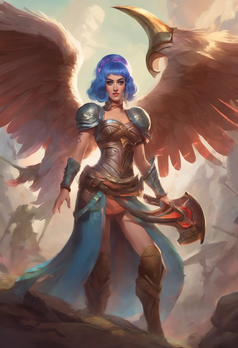 Katy Perry holding a giant round boomerang, battle pose, medieval fantasy theme, League of Legends art style