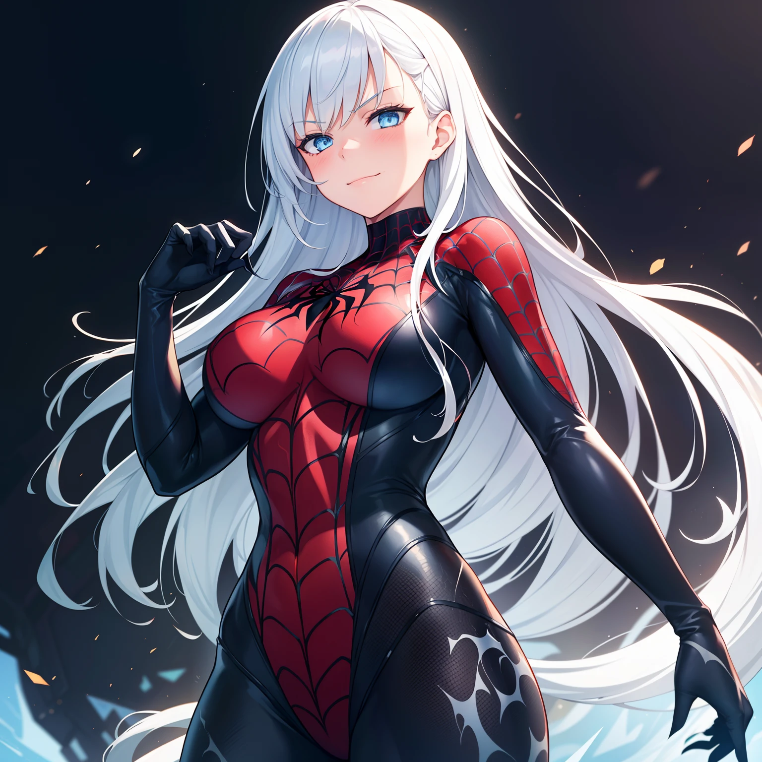 1girl,big breasts,standing in ruined city,(8k),scratches,detailed face,white hair,navy blue eyes,long hair,embarassed,small smile face,high_res, high_definition,the battlefield,Heroic pose,dark suit,(symbiote spider man Custome:1.1),