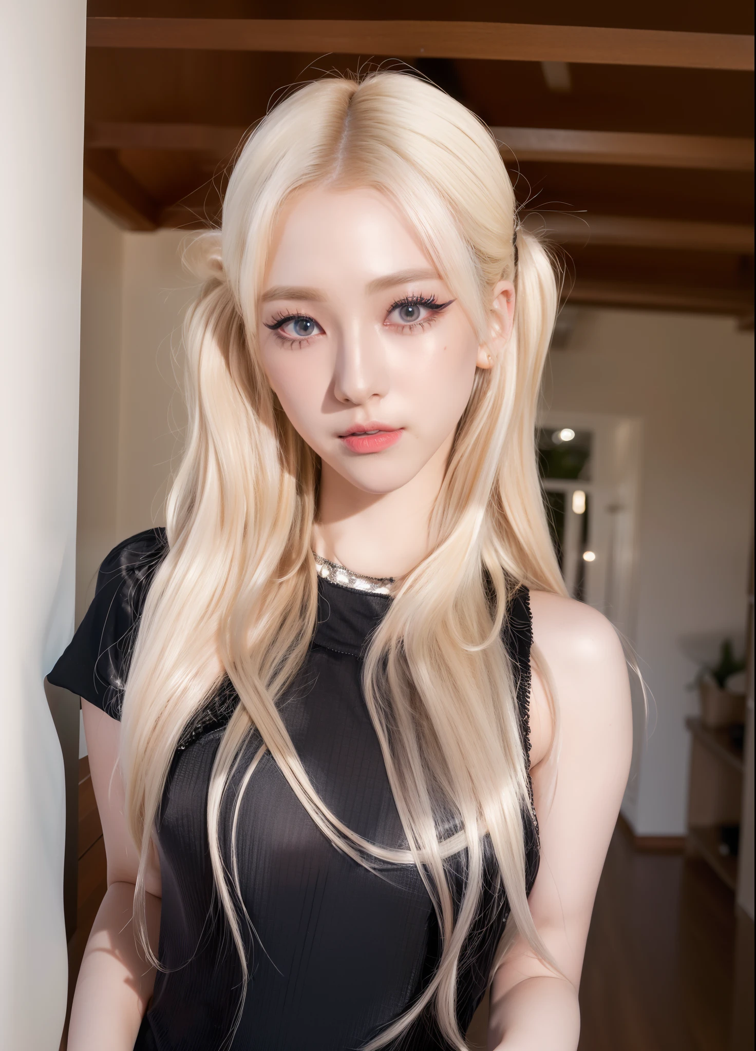 (RAW photo, best quality),masterpiece, (best quality:1.4), (ultra highres:1.2), (photorealistic:1.4), (8k, RAW photo:1.2), (soft focus:1.4),(realistic, photo-realistic:1.3), Amazing, finely detail, ung girl, sexy, black silk stockings, transparent and wet, water drop body, wet body, breasts, transparent areola, transparent cameltoe, spread breasts, spread legs:1.5, (Slim girl), (blonde hair:1.2), looking at viewer, ((puffy eyes)), looking at viewer, full body, facing front,huge filesize , ultra-detailed, highres, extremely detailed,(ulzzang-6500:1), iu,asymmetrical bangs,short bangs,bangs,pureerosface_v1,beautiful detailed girl, extremely detailed eyes and face, beautiful detailed eyes,light on face,traight-on, staring, closed mouth, pink hair, (short_ponytail:1.1), collarbone, bare shoulders, longeyelashes, cum on body,cross-laced clothes, collared shirt, open clothes,black thighhighs, miniskirt, black underwear, unbuttoned clothes,