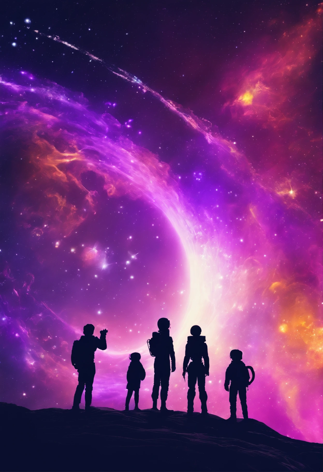 A group of people stood in front of a huge bright purple-gold halo