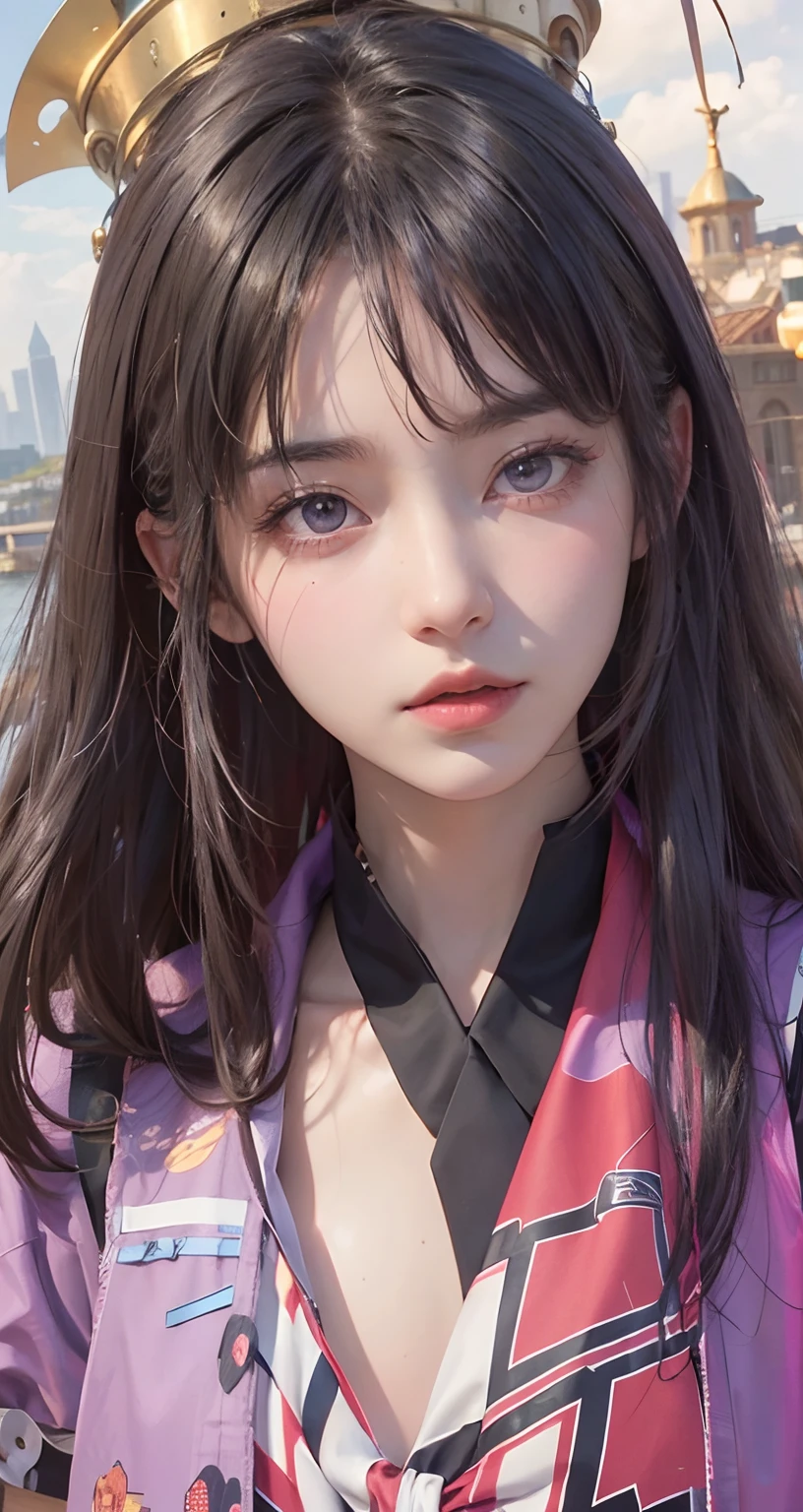 (masterpiece,newest,exceptional:1.2), anime,1girl,bangs,black_hair,with magenta eyes, glowing magenta eyes, beautiful 8k eyes,blue_sky,bridge,building,castle,city,cityscape,cloud,day,dress,looking_at_viewer,outdoors,red_neckwear,red_ribbon,ribbon,river,short_hair,short_sleeves,sky,skyscraper,solo,standing,town,water