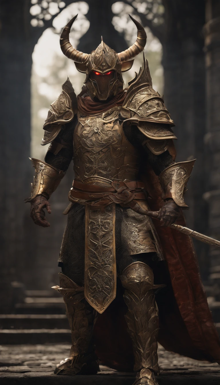 warrior, concept-art, author：Kishiganku, Fantasy art, Zen temple background, clean render, a horned, Wear a suit of armor, Detailed bushido form smoke, helmet of a forgotten deity, character is standing, 8k Realistic, in game render, detailed face background detail, Art station front page, taur, Pseudo-medieval fantasy, A deity wearing koi armor, detailed bronze armor, Bronze armor, golden etched armor, gold obsidian armor, Light gold armor, Gorgeous filigree armor, A demonic warrior, Gorgeous armor full of thorns, Intricate assasin armor, Intricate metal armor, powerful warrior, Dressed in gorgeous gold armor，Decorated with intricate patterns, The helmet has a large crown and two horns,Glowing red eyes， Everything is in the dark, The smoky background hints at the battle scene, Add an ominous aura to his character，The Demon's Giant Demon Wings，submission, Full body shot.