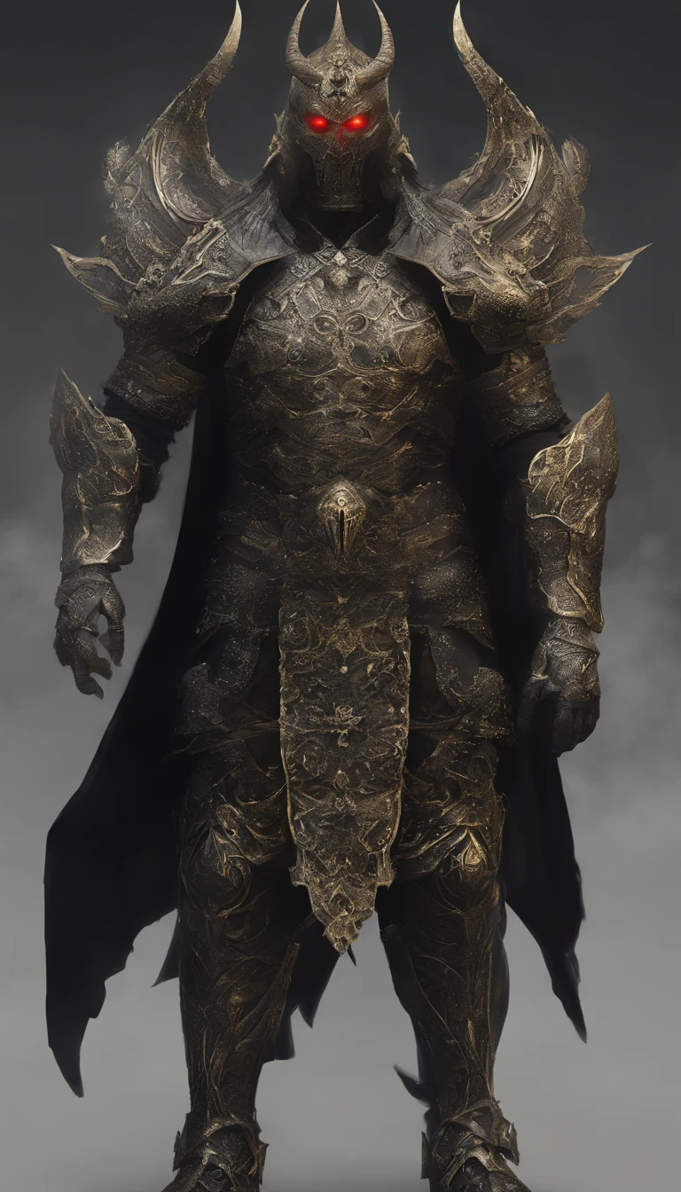 warrior, concept-art, author：Kishiganku, Fantasy art, Zen temple background, clean render, a horned, Wear a suit of armor, Detailed bushido form smoke, helmet of a forgotten deity, character is standing, 8k Realistic, in game render, detailed face background detail, Art station front page, taur, Pseudo-medieval fantasy, A deity wearing koi armor, detailed bronze armor, Bronze armor, golden etched armor, gold obsidian armor, Light gold armor, Gorgeous filigree armor, A demonic warrior, Gorgeous armor full of thorns, Intricate assasin armor, Intricate metal armor, powerful warrior, Dressed in gorgeous gold armor，Decorated with intricate patterns, The helmet has a large crown and two horns,Glowing red eyes， Everything is in the dark, The smoky background hints at the battle scene, Add an ominous aura to his character，The Demon's Giant Demon Wings，submission, Full body shot.