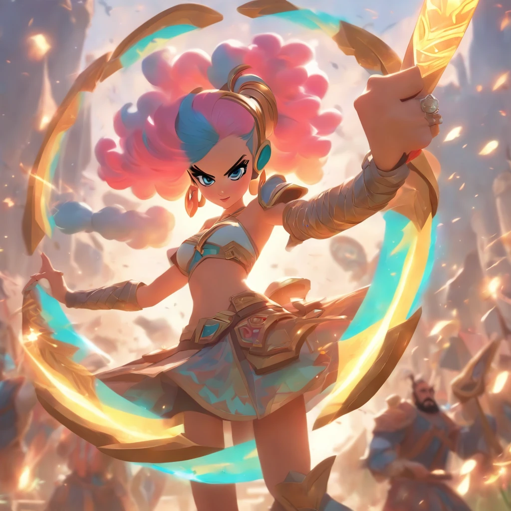Katy Perry holding a giant round boomerang, battle pose, medieval fantasy theme, League of Legends art style