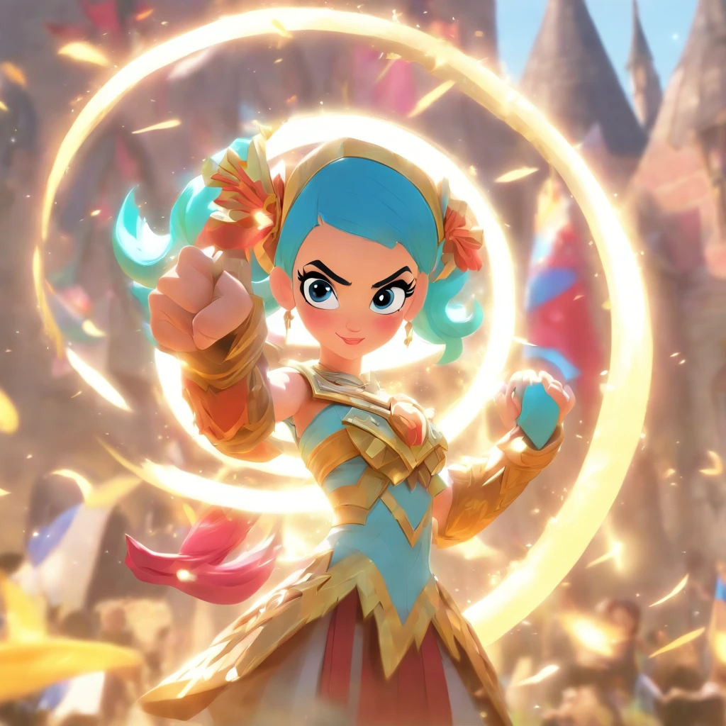 Katy Perry holding a giant round boomerang, battle pose, medieval fantasy theme, League of Legends art style