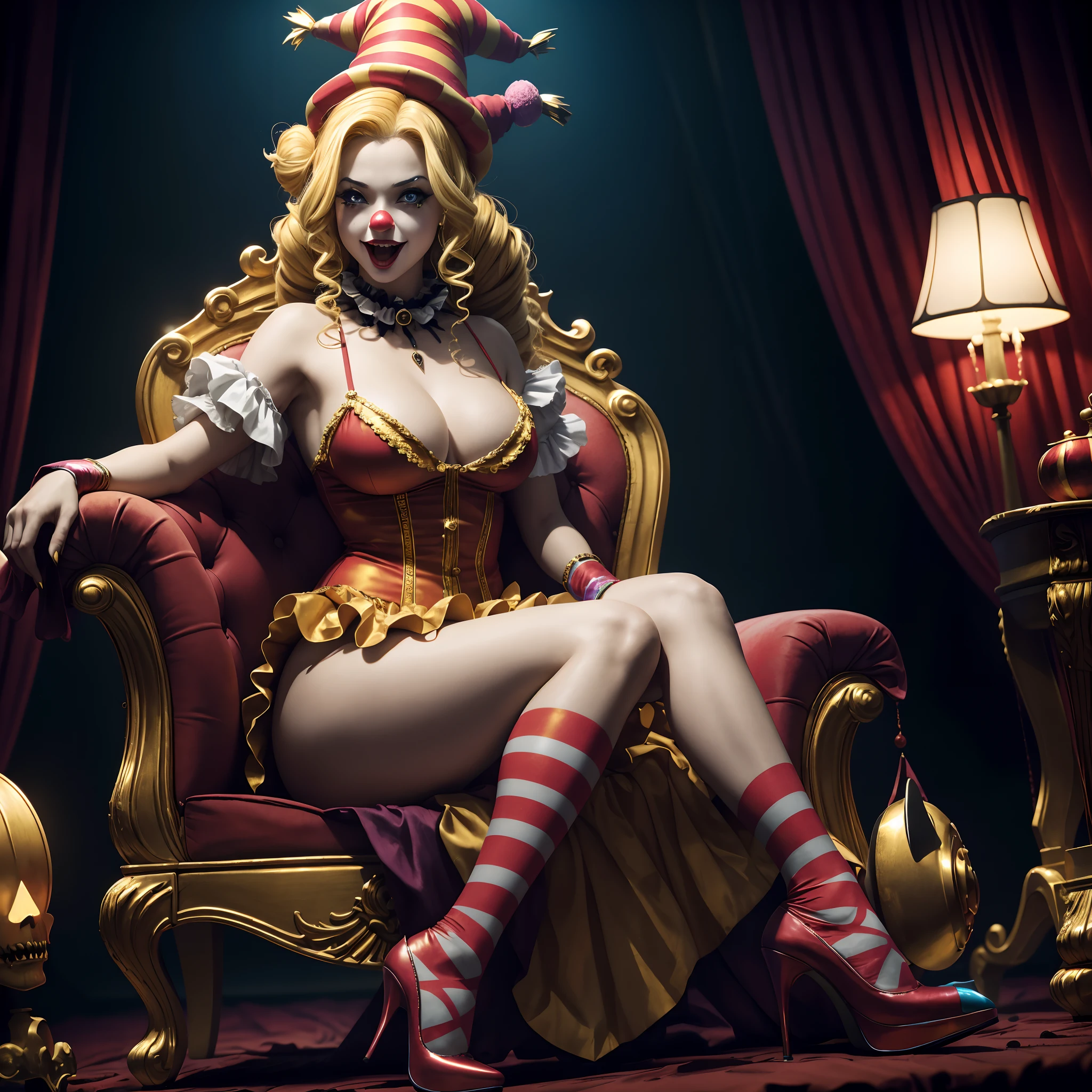 Crazy Clown Queen, sitting on a golden throne, Wear a clown hat, Wear a clown costume, mitts, vivd colour, Laughing, Deep blonde hair, Cute breasts, Horror , (did not wear panties),Wavy hair, Bun, and high heels. Blood, Circus props, spooky ambiance, haunted background. Surrealist style, Sharp contrast, ominous lighting, high-density imaging review, Ultra-high definition, Studio lighting, Like a painting, ultra-fine painted, Sharp focus, physically-based renderingt, Extreme detail description, professional (Horror )