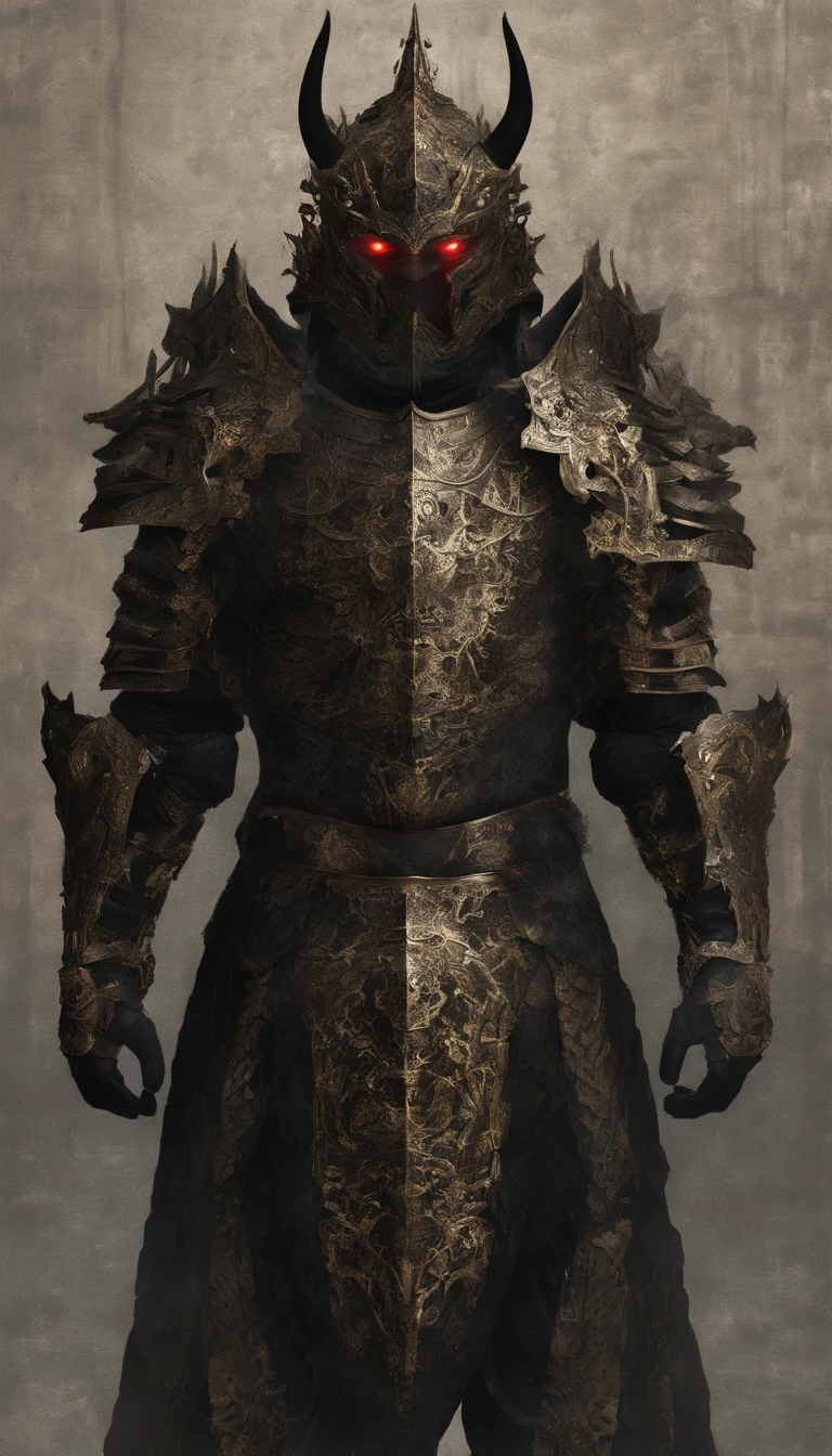 warrior, concept-art, author：Kishiganku, Fantasy art, Zen temple background, clean render, a horned, Wear a suit of armor, Detailed bushido form smoke, helmet of a forgotten deity, character is standing, 8k Realistic, in game render, detailed face background detail, Art station front page, taur, Pseudo-medieval fantasy, A deity wearing koi armor, detailed bronze armor, Bronze armor, golden etched armor, gold obsidian armor, Light gold armor, Gorgeous filigree armor, A demonic warrior, Gorgeous armor full of thorns, Intricate assasin armor, Intricate metal armor, powerful warrior, Dressed in gorgeous gold armor，Decorated with intricate patterns, The helmet has a large crown and two horns,Glowing red eyes， Everything is in the dark, The smoky background hints at the battle scene, Add an ominous aura to his character，The Demon's Giant Demon Wings，submission, Full body shot.