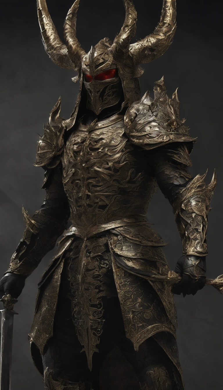 warrior, concept-art, author:Kishiganku, Fantasy art, Zen temple background, clean render, a horned, Wear a suit of armor, Detailed bushido form smoke, helmet of a forgotten deity, character is standing, 8k Realistic, in game render, detailed face background detail, Art station front page, taur, Pseudo-medieval fantasy, A deity wearing koi armor, detailed bronze armor, Bronze armor, golden etched armor, gold obsidian armor, Light gold armor, Gorgeous filigree armor, A demonic warrior, Gorgeous armor full of thorns, Intricate assasin armor, Intricate metal armor, powerful warrior, Dressed in gorgeous gold armor,Decorated with intricate patterns, The helmet has a large crown and two horns,Glowing red eyes, Everything is in the dark, The smoky background hints at the battle scene, Add an ominous aura to his character,The Demon's Giant Demon Wings,submission, Full body shot.