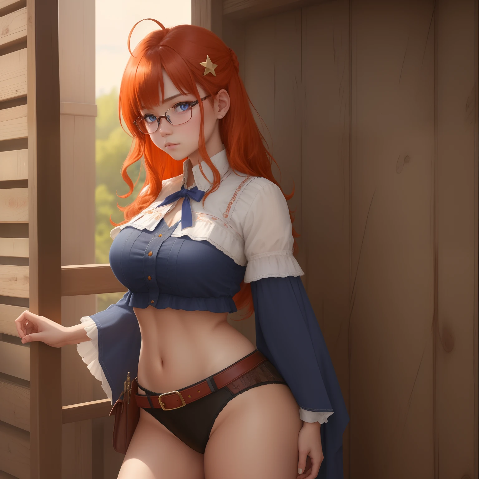 8k, masterpiece, best quality, realistic, higly detailed, cowboy shot, 1girl, solo, itsuki, serious looking girl, medium-length hair, expressive ahoge, reddish-orange hair, a pair of star-shaped hairpins near both of her eyes, dark blue eyes, average height, well-endowed figure, glasses, cute, Reticencer