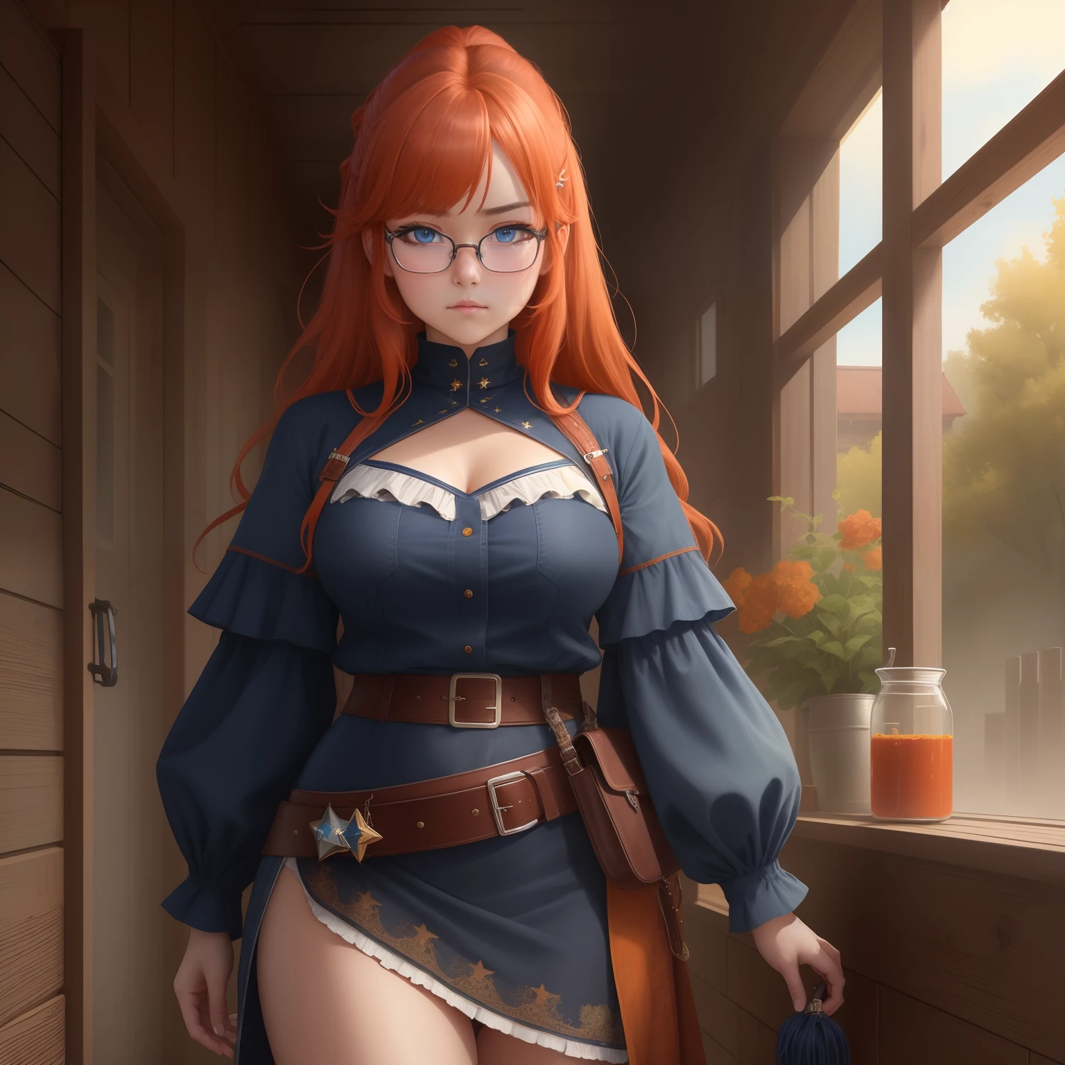 8k, masterpiece, best quality, realistic, higly detailed, cowboy shot, 1girl, solo, itsuki, serious looking girl, medium-length hair, expressive ahoge, reddish-orange hair, a pair of star-shaped hairpins near both of her eyes, dark blue eyes, average height, well-endowed figure, glasses, cute, Reticencer