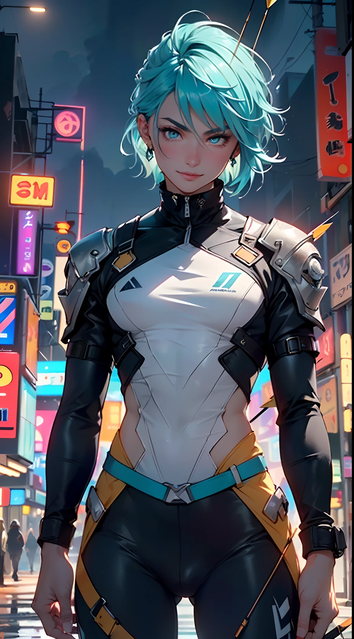 man:1.5,1 man,archer man,(((1man))),((man with aqua hair)),
(((1male,man:1.5,handsome man,male,male gender:1.5,male focus))),macho man,
((aqua messy hair,aqua hair,short hair,colored inner hair)),(((lustrous skin:1.5,tanned skin,bright skin: 1.5,skin tanned,shiny skin,very shiny skin,shiny body,illuminated skin))),(((aqua_eyes:1.2))),intricate eyes,beautiful detailed eyes,symmetrical eyes,((man chest)),handsome face,((muscular)),(((detailed face))),
confident attitude,nsfw,
cyberpunk agent, ((holding a arch:1.5,bow and arrows in a quiver:1.5)), cyberpunk citizen in oversize techwear,((bulge in pants)),((cyberpunk archer outfit)),((wet clothes,intricate outfit,intricate clothes)),
(dynamic pose:1.0),solo focus,((evil smile,evil look)),(centered,scale to fit dimensions,Rule of thirds),
cyberpunk city by the ocean at night, with bright neon signs and dark stormy clouds and puddles, scenery:1.25,
highres, sharp focus, (ultra detailed, extremely detailed), (photorealistic artwork:1.37),(extremely detailed CG unity 8k wallpaper),((synthwave background theme)),(((vibrant colors))),(intricate background),(masterpiece),(best quality),