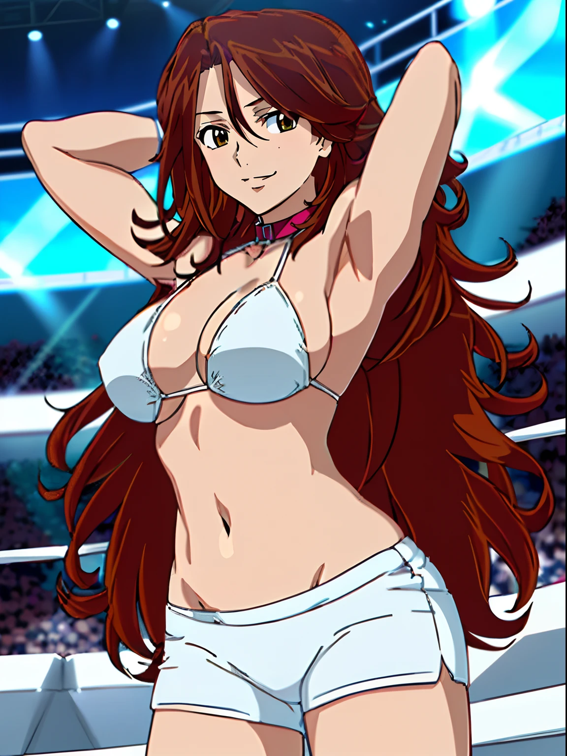 (wwe diva), cowboy shot, body view, anime style: 1.8, anime drawing, ultra detailed face, ultra detailed body, 4k, Sumergai Lee Noriega, (standing), best quality, anime style, hires, highest definition, digital blending, bold drawing lines, ((wwe diva), (location: wrestling arena, crowds watching), ( slim body, little biceps, thighs, off-shoulders, (curvy: 2.8)), ((white bikini, shorts, groin, , white gloves, collar)), victorious, winner, gentle, (big breasts, smile), (big eyes, brown eyes), (clapping), (brown hair, loose hair, curly hair, wavy hair, long hair, missy hair), 27 years old, (flexing both arms)