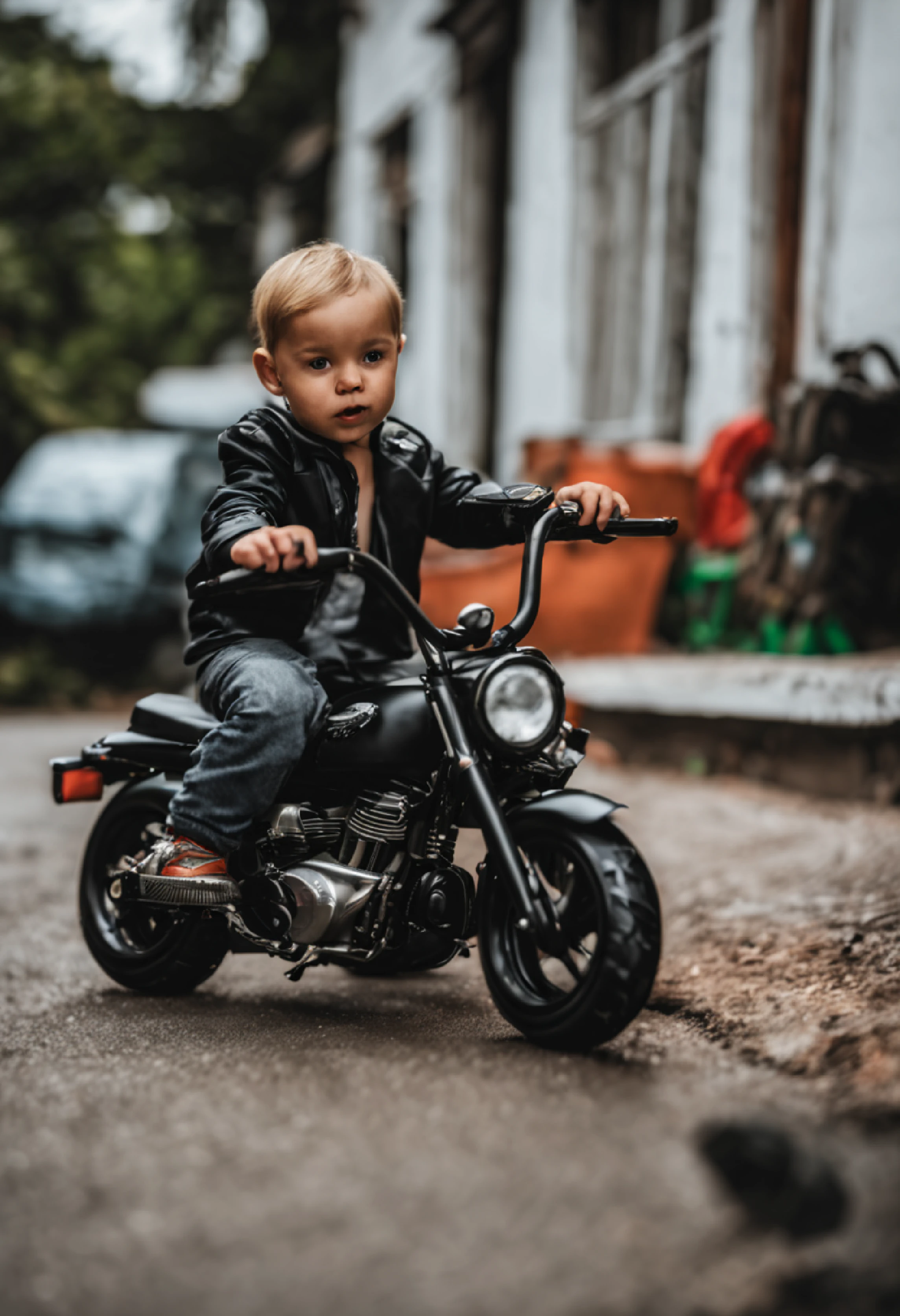 menino muito pequeno com mini motocicleta PRETA no canto inferior esquerdo , extremamente pequeno , Black Scenery, garagem , brinquedos, coloridos.