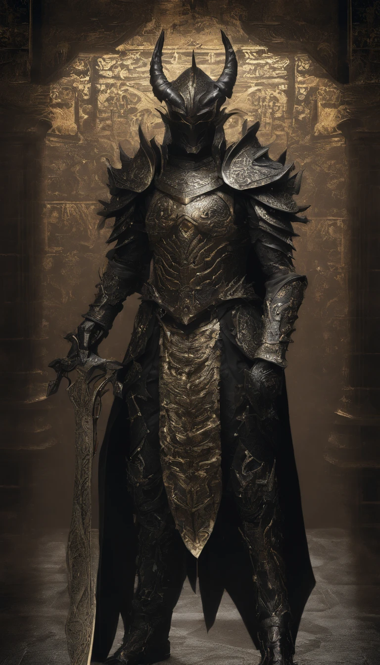 warrior, concept-art, author:Kishiganku, Fantasy art, Zen temple background, clean render, a horned, Wear a suit of armor, Detailed bushido form smoke, helmet of a forgotten deity, character is standing, 8k Realistic, in game render, detailed face background detail, Art station front page, taur, Pseudo-medieval fantasy, A deity wearing koi armor, detailed bronze armor, Bronze armor, golden etched armor, gold obsidian armor, Light gold armor, Gorgeous filigree armor, A demonic warrior, Gorgeous armor full of thorns, Intricate assasin armor, Intricate metal armor, powerful warrior, Dressed in gorgeous gold armor,Decorated with intricate patterns, The helmet has a large crown and two horns,Gloomy eyes glowing red, Everything is in the dark, The smoky background hints at the battle scene, Add an ominous aura to his character,The Demon's Giant Demon Wings,submission, Full body shot.
