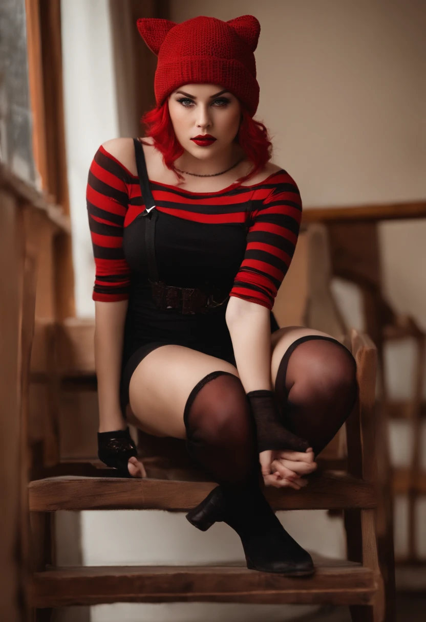 a short, not too skinny, but not too fat girl, with red skin, and a red crop top on with fishnet pantyhose and striped red and black arm warmers. she has a messy red wolfcut, followed with a red beanie in which has small red horns she also has black shorts with long red socks and black shoes she has annoyed expression and she is sitting down she also has y2k black and red loose suspenders wirth black and red striped socks with curvy body and big breasts with RED hair
