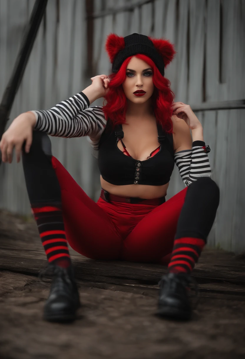 a short, not too skinny, but not too fat girl, with red skin, and a red crop top on with fishnet pantyhose and striped red and black arm warmers. she has a messy red wolfcut, followed with a red beanie in which has small red horns she also has black shorts with long red socks and black shoes she has annoyed expression and she is sitting down she also has y2k black and red loose suspenders wirth black and red striped socks with curvy body and big breasts with RED hair