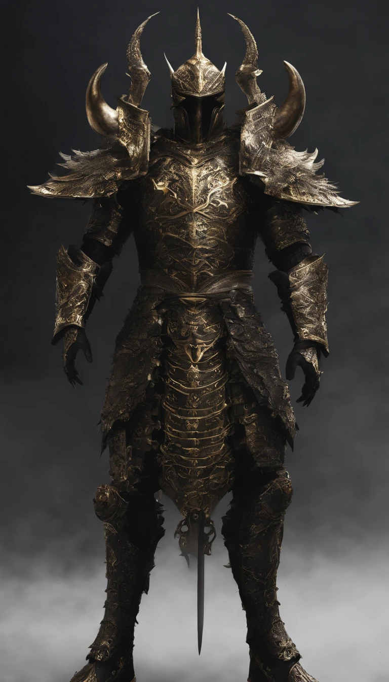 warrior, concept-art, author:Kishiganku, Fantasy art, Zen temple background, clean render, a horned, Wear a suit of armor, Detailed bushido form smoke, helmet of a forgotten deity, character is standing, 8k Realistic, in game render, detailed face background detail, Art station front page, taur, Pseudo-medieval fantasy, A deity wearing koi armor, detailed bronze armor, Bronze armor, golden etched armor, gold obsidian armor, Light gold armor, Gorgeous filigree armor, A demonic warrior, Gorgeous armor full of thorns, Intricate assasin armor, Intricate metal armor, powerful warrior, Dressed in gorgeous gold armor,Decorated with intricate patterns, The helmet has a large crown and two horns,Gloomy eyes glowing red, Everything is in the dark, The smoky background hints at the battle scene, Add an ominous aura to his character,The Demon's Giant Demon Wings,submission, Full body shot.