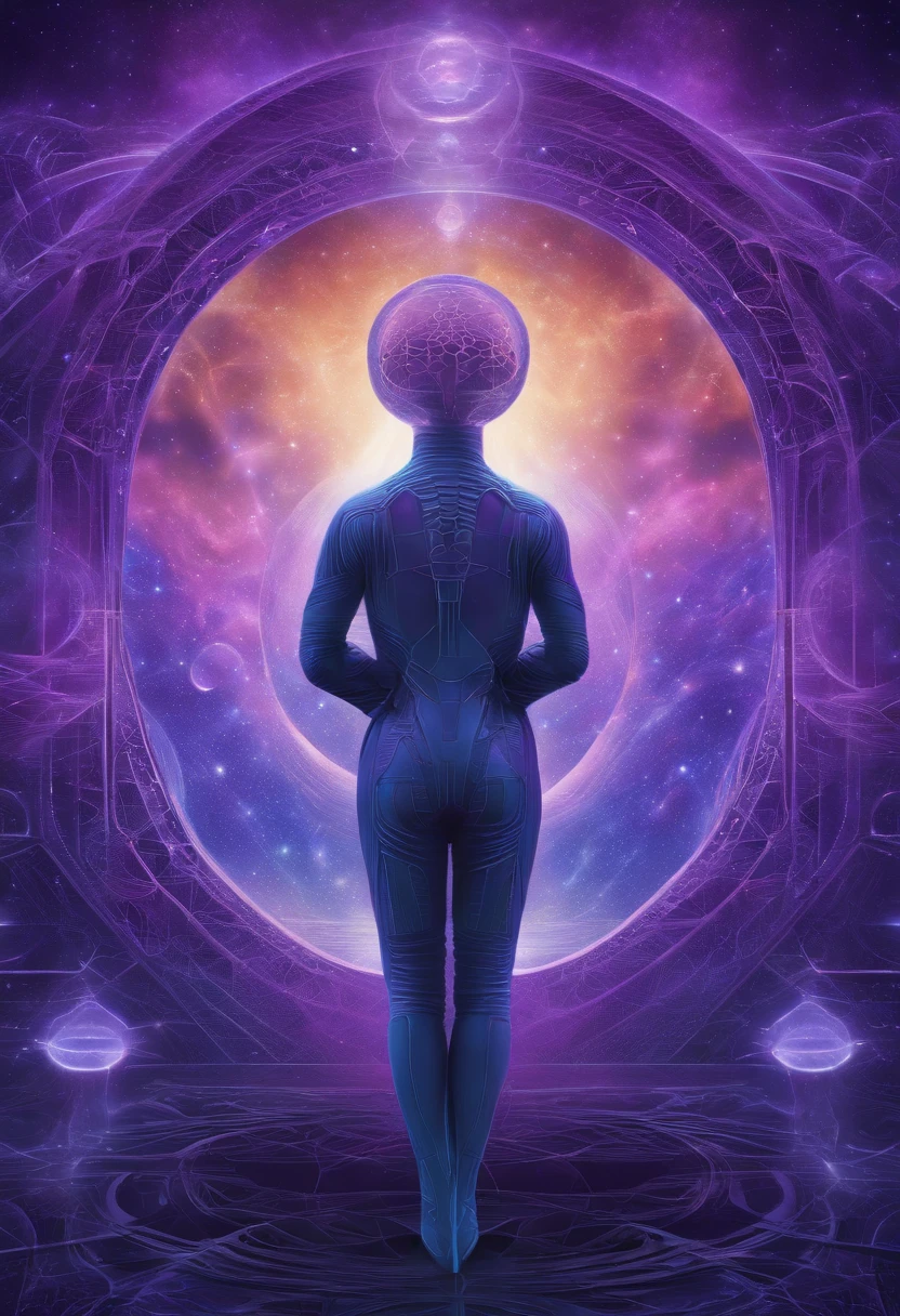 "Please create an image of a gray but silver blue shaped alien scientist in cartoon style wearing futuristic clothing standing in front of a blue background. The image should be digital art inspired by Andrei Kolkoutine, Tumblr, psychedelic art and sacred geometry. The alien scientist is in the spiritual dimension, where the form is psychedelic and composed of sacred geometry. He is a portal of energy. Please take into consideration art references from Dan Mumford and Alex Grey, as well as elements of DMT entities, alien music, and LSD art." --auto --s2