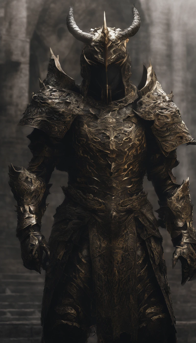 warrior, concept-art, author:Kishiganku, Fantasy art, Zen temple background, clean render, a horned, Wear a suit of armor, Detailed bushido form smoke, helmet of a forgotten deity, character is standing, 8k Realistic, in game render, detailed face background detail, Art station front page, taur, Pseudo-medieval fantasy, A deity wearing koi armor, detailed bronze armor, Bronze armor, golden etched armor, gold obsidian armor, Light gold armor, Gorgeous filigree armor, A demonic warrior, Gorgeous armor full of thorns, Intricate assasin armor, Intricate metal armor, powerful warrior, Dressed in gorgeous gold armor,Decorated with intricate patterns, The helmet has a large crown and two horns,Gloomy eyes glowing red, Everything is in the dark, The smoky background hints at the battle scene, Add an ominous aura to his character,The Demon's Giant Demon Wings,submission, Full body shot.