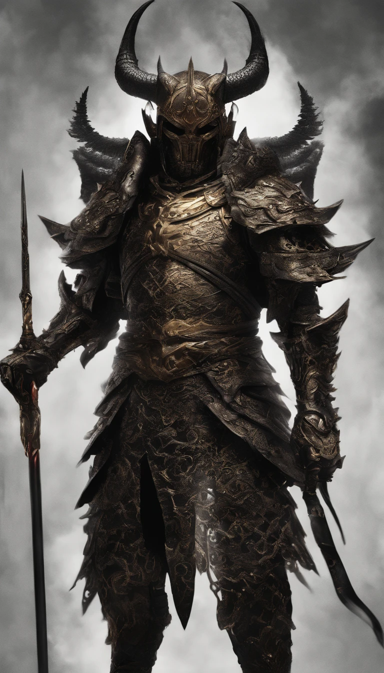 warrior, concept-art, author:Kishiganku, Fantasy art, Zen temple background, clean render, a horned, Wear a suit of armor, Detailed bushido form smoke, helmet of a forgotten deity, character is standing, 8k Realistic, in game render, detailed face background detail, Art station front page, taur, Pseudo-medieval fantasy, A deity wearing koi armor, detailed bronze armor, Bronze armor, golden etched armor, gold obsidian armor, Light gold armor, Gorgeous filigree armor, A demonic warrior, Gorgeous armor full of thorns, Intricate assasin armor, Intricate metal armor, powerful warrior, Dressed in gorgeous gold armor,Decorated with intricate patterns, The helmet has a large crown and two horns,Gloomy eyes glowing red, Everything is in the dark, The smoky background hints at the battle scene, Add an ominous aura to his character,The Demon's Giant Demon Wings,submission, Full body shot.