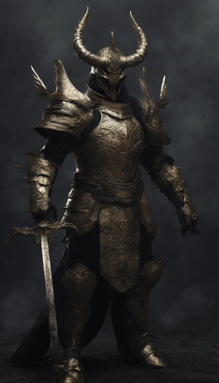 warrior, concept-art, author:Kishiganku, Fantasy art, Zen temple background, clean render, a horned, Wear a suit of armor, Detailed bushido form smoke, helmet of a forgotten deity, character is standing, 8k Realistic, in game render, detailed face background detail, Art station front page, taur, Pseudo-medieval fantasy, A deity wearing koi armor, detailed bronze armor, Bronze armor, golden etched armor, gold obsidian armor, Light gold armor, Gorgeous filigree armor, A demonic warrior, Gorgeous armor full of thorns, Intricate assasin armor, Intricate metal armor, powerful warrior, Dressed in gorgeous gold armor,Decorated with intricate patterns, The helmet has a large crown and two horns,Gloomy eyes glowing red, Everything is in the dark, The smoky background hints at the battle scene, Add an ominous aura to his character,The Demon's Giant Demon Wings,submission, Full body shot.