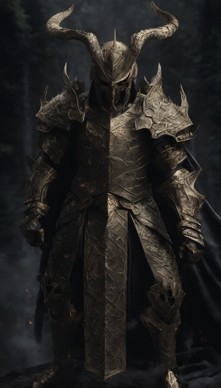 warrior, concept-art, author:Kishiganku, Fantasy art, Zen temple background, clean render, a horned, Wear a suit of armor, Detailed bushido form smoke, helmet of a forgotten deity, character is standing, 8k Realistic, in game render, detailed face background detail, Art station front page, taur, Pseudo-medieval fantasy, A deity wearing koi armor, detailed bronze armor, Bronze armor, golden etched armor, gold obsidian armor, Light gold armor, Gorgeous filigree armor, A demonic warrior, Gorgeous armor full of thorns, Intricate assasin armor, Intricate metal armor, powerful warrior, Dressed in gorgeous gold armor,Decorated with intricate patterns, The helmet has a large crown and two horns,Gloomy eyes glowing red, Everything is in the dark, The smoky background hints at the battle scene, Add an ominous aura to his character,The Demon's Giant Demon Wings,submission, Full body shot.