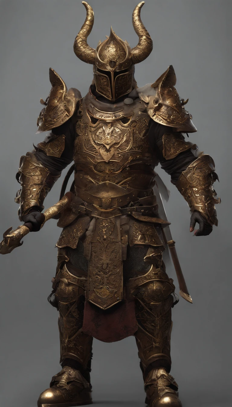 warrior, concept-art, author:Kishiganku, Fantasy art, Zen temple background, clean render, a horned, Wear a suit of armor, Detailed bushido form smoke, helmet of a forgotten deity, character is standing, 8k Realistic, in game render, detailed face background detail, Art station front page, taur, Pseudo-medieval fantasy, A deity wearing koi armor, detailed bronze armor, Bronze armor, golden etched armor, gold obsidian armor, Light gold armor, Gorgeous filigree armor, A demonic warrior, Gorgeous armor full of thorns, Intricate assasin armor, Intricate metal armor, powerful warrior, Dressed in gorgeous gold armor,Decorated with intricate patterns, The helmet has a large crown and two horns,Gloomy eyes glowing red, Everything is in the dark, The smoky background hints at the battle scene, Add an ominous aura to his character,The Demon's Giant Demon Wings,submission, Full body shot.