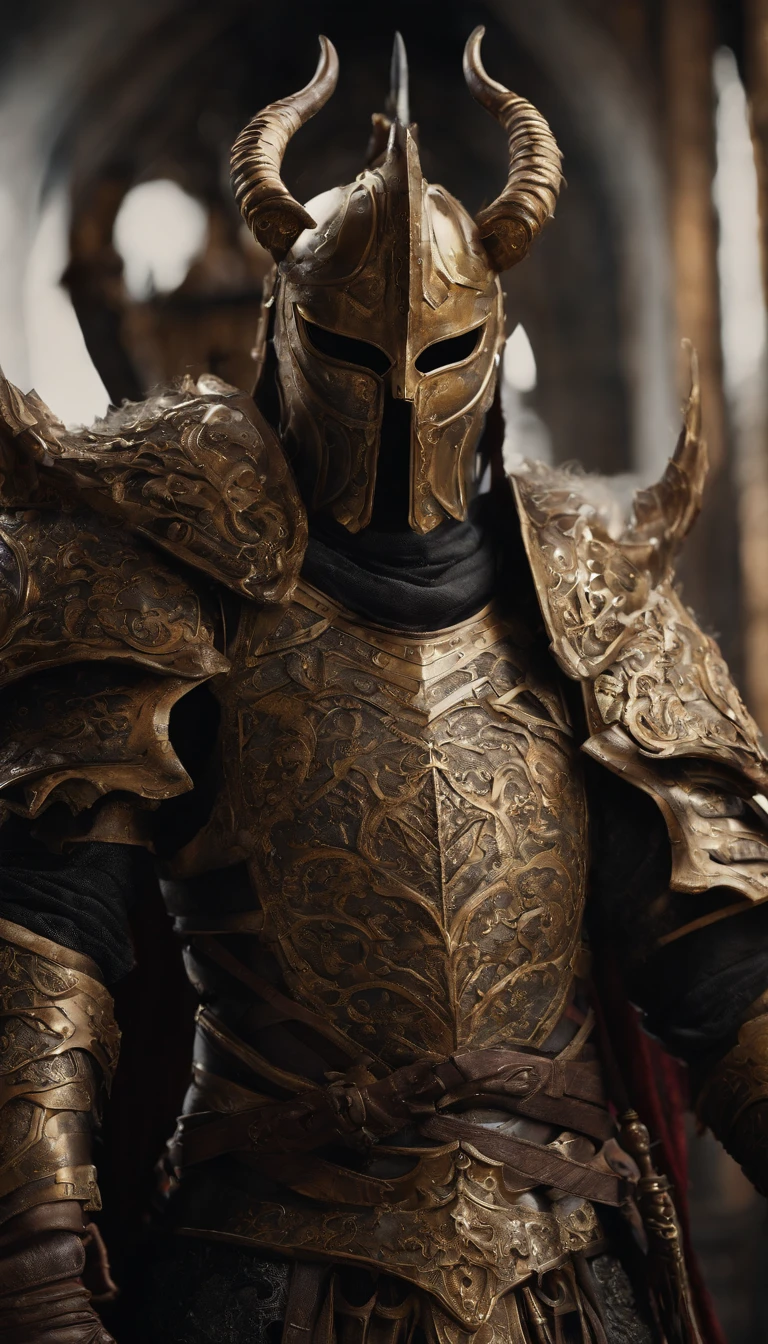 warrior, concept-art, author：Kishiganku, Fantasy art, Zen temple background, clean render, a horned, Wear a suit of armor, Detailed bushido form smoke, helmet of a forgotten deity, character is standing, 8k Realistic, in game render, detailed face background detail, Art station front page, taur, Pseudo-medieval fantasy, A deity wearing koi armor, detailed bronze armor, Bronze armor, golden etched armor, gold obsidian armor, Light gold armor, Gorgeous filigree armor, A demonic warrior, Gorgeous armor full of thorns, Intricate assasin armor, Intricate metal armor, powerful warrior, Dressed in gorgeous gold armor，Decorated with intricate patterns, The helmet has a large crown and two horns,Gloomy eyes glowing red， Everything is in the dark, The smoky background hints at the battle scene, Add an ominous aura to his character，The Demon's Giant Demon Wings，submission, Full body shot.