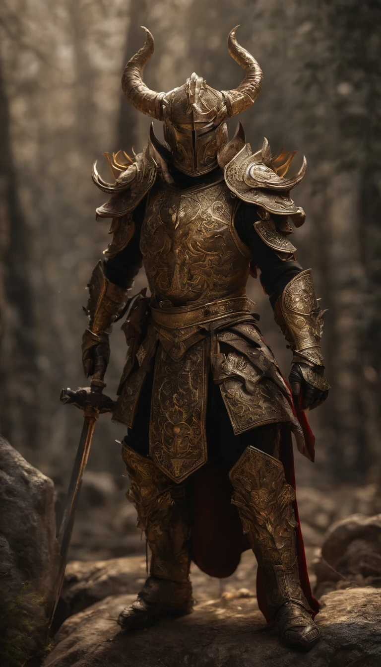 warrior, concept-art, author:Kishiganku, Fantasy art, Zen temple background, clean render, a horned, Wear a suit of armor, Detailed bushido form smoke, helmet of a forgotten deity, character is standing, 8k Realistic, in game render, detailed face background detail, Art station front page, taur, Pseudo-medieval fantasy, A deity wearing koi armor, detailed bronze armor, Bronze armor, golden etched armor, gold obsidian armor, Light gold armor, Gorgeous filigree armor, A demonic warrior, Gorgeous armor full of thorns, Intricate assasin armor, Intricate metal armor, powerful warrior, Dressed in gorgeous gold armor,Decorated with intricate patterns, The helmet has a large crown and two horns,Gloomy eyes glowing red, Everything is in the dark, The smoky background hints at the battle scene, Add an ominous aura to his character,The Demon's Giant Demon Wings,submission, Full body shot.