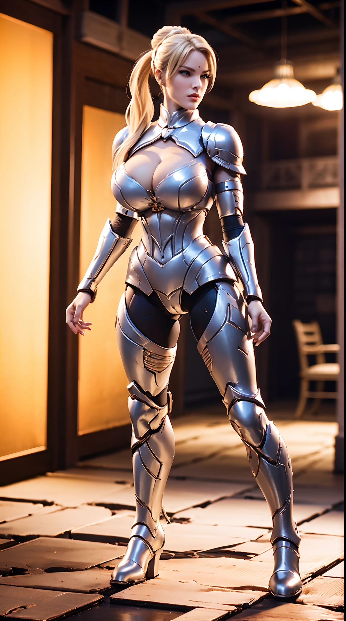 A MATURE WOMAN, BLONDE PONYTAIL, HUGE FAKE BOOBS, (BEAUTIFUL FACE), KNIGHT ARMOR BODY, GLOVE, BREASTSPLATE, (CLEAVAGE), (SKINTIGHT YOGA PANTS), (KNIGHT BOOTS), (PERFECT BODY:1.2), (FULL BODY VIEW), FRONT, (STANDING:1), SEXY BODY, MUSCLE ABS, UHD, 8K, 1080P.