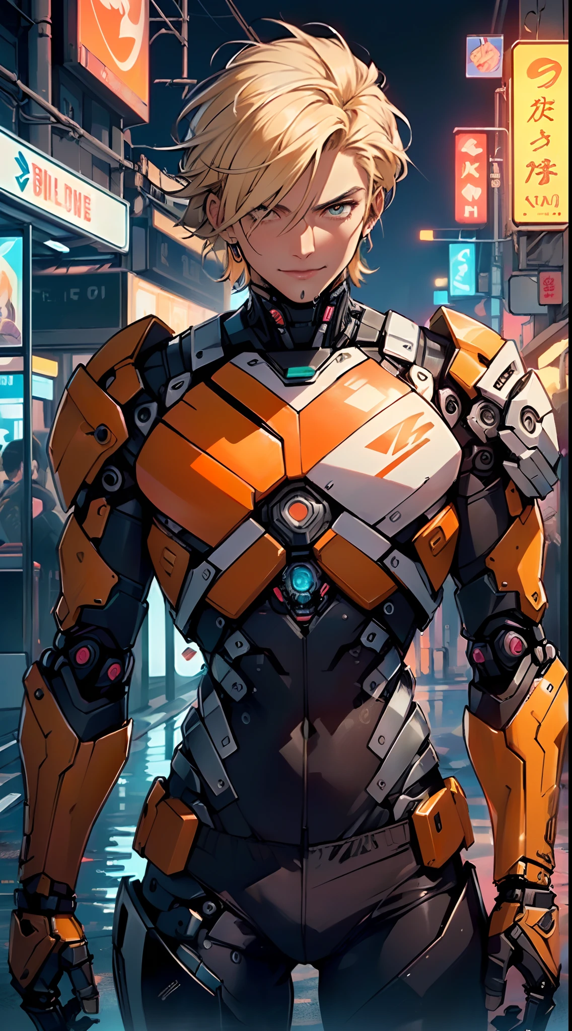 man:1.5,1 man,archer man,(((1man))),((man with blonde short hair)),
(((1male,man:1.5,handsome man,male,male gender:1.5,male focus))),macho man,
((messy hair,blonde short haircut,detailed blonde hair,highly detailed hair,blonde hair,colored inner hair)),(((lustrous skin:1.5,tanned skin,bright skin: 1.5,skin tanned,shiny skin,very shiny skin,shiny body,illuminated skin))),(((orange_eyes:1.2))),intricate eyes,beautiful detailed eyes,symmetrical eyes,((man chest)),handsome face,((muscular)),(((detailed face))),
manly,nsfw,
cyberpunk firefighter, ((mechanical arms:1.5, bionic arms:1.5)), futuristic firefighter uniform,((bulge in pants)),((uniform in black and orange colors)),((wet clothes,intricate outfit,intricate clothes,intricate uniform)),
(dynamic pose:1.0),solo focus,((evil smile,evil look)),(centered,scale to fit dimensions,Rule of thirds),
cyberpunk city by the ocean at night, with bright neon signs and dark stormy clouds and puddles, scenery:1.25,
highres, sharp focus, (ultra detailed, extremely detailed), (photorealistic artwork:1.37),(extremely detailed CG unity 8k wallpaper),((synthwave background theme)),(((vibrant colors))),(intricate background),(masterpiece),(best quality),