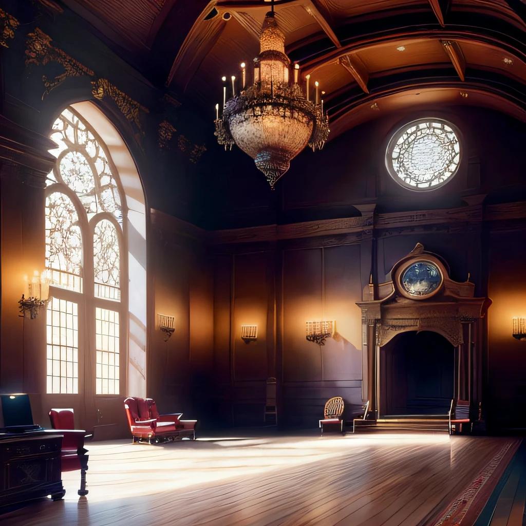 A grand hall with a highly-detailed wooden desk, topped with a cutting-edge computer and a luxurious leather chair, expertly lit with a warm glow - an exquisite mix of technology and tradition.