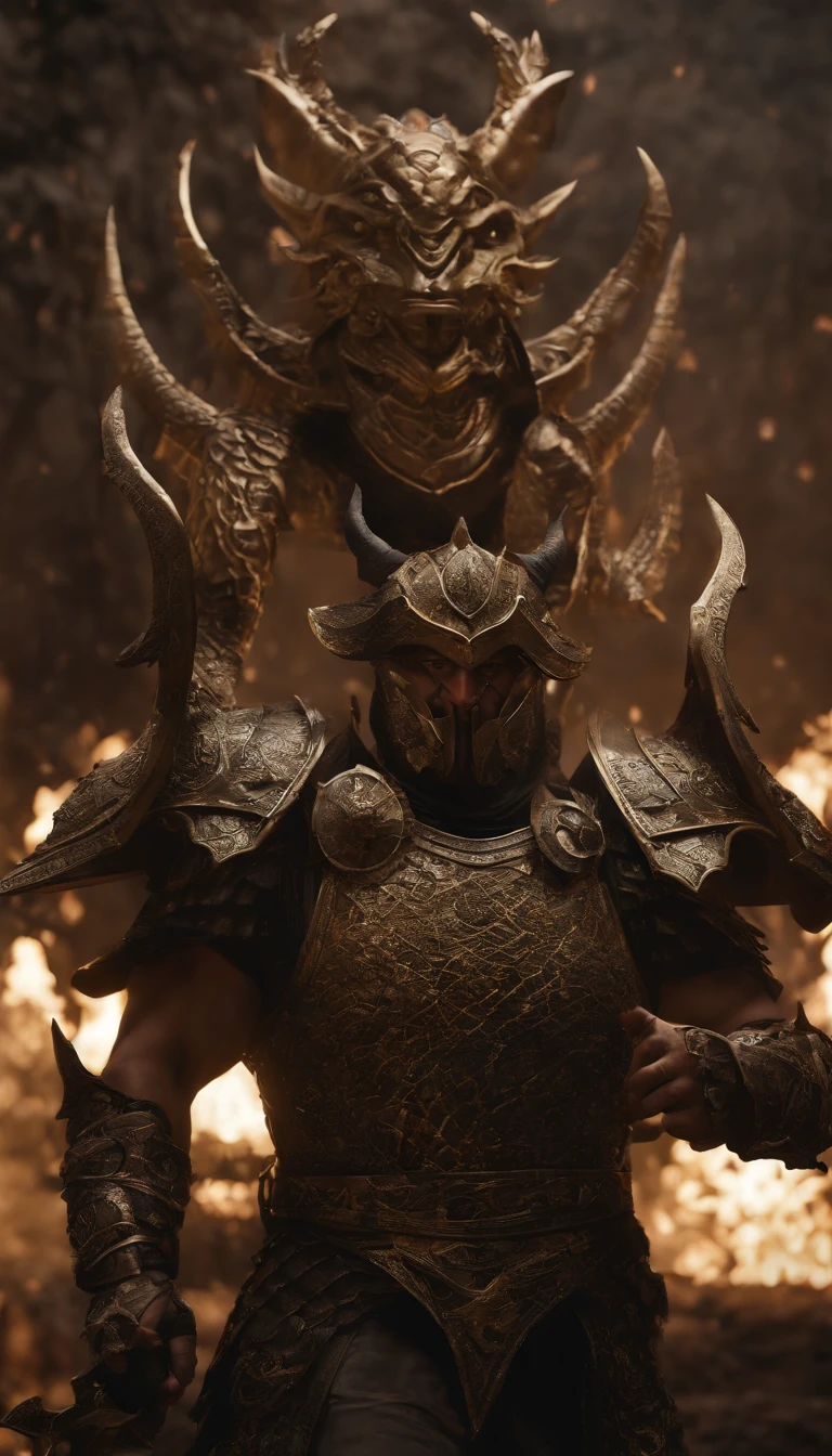 warrior, concept-art, author:Kishiganku, Fantasy art, Zen temple background, clean render, a horned, Wear a suit of armor, Detailed bushido form smoke, helmet of a forgotten deity, character is standing, 8k Realistic, in game render, detailed face background detail, Art station front page, taur, Pseudo-medieval fantasy, A deity wearing koi armor, detailed bronze armor, Bronze armor, golden etched armor, gold obsidian armor, Light gold armor, Gorgeous filigree armor, A demonic warrior, Gorgeous armor full of thorns, Intricate assasin armor, Intricate metal armor, powerful warrior, Dressed in gorgeous gold armor,Decorated with intricate patterns, The helmet has a large crown and two horns,Glowing red eyes, Everything is in the dark, The smoky background hints at the battle scene, Add an ominous aura to his character,The Demon's Giant Demon Wings,submission, Full body shot.