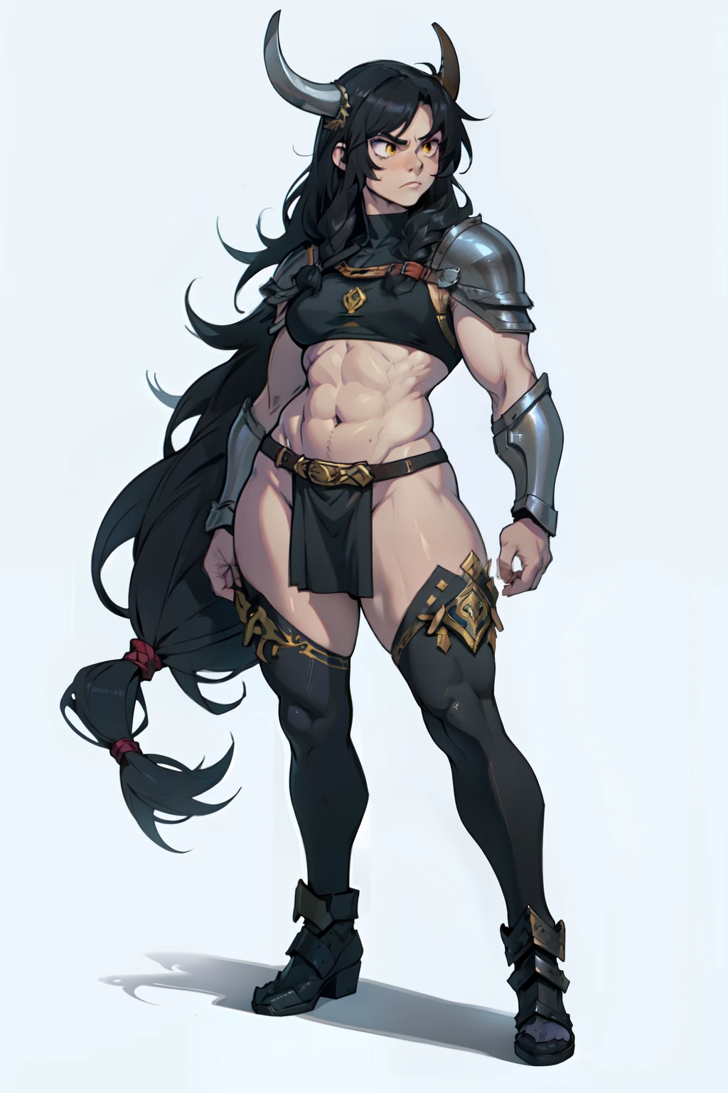 (((muscular))), (thick thighs, small breasts, toned body, 1 girl), black hair, pale skin, yellow eyes, angry, very long hair ((full body viking armor))