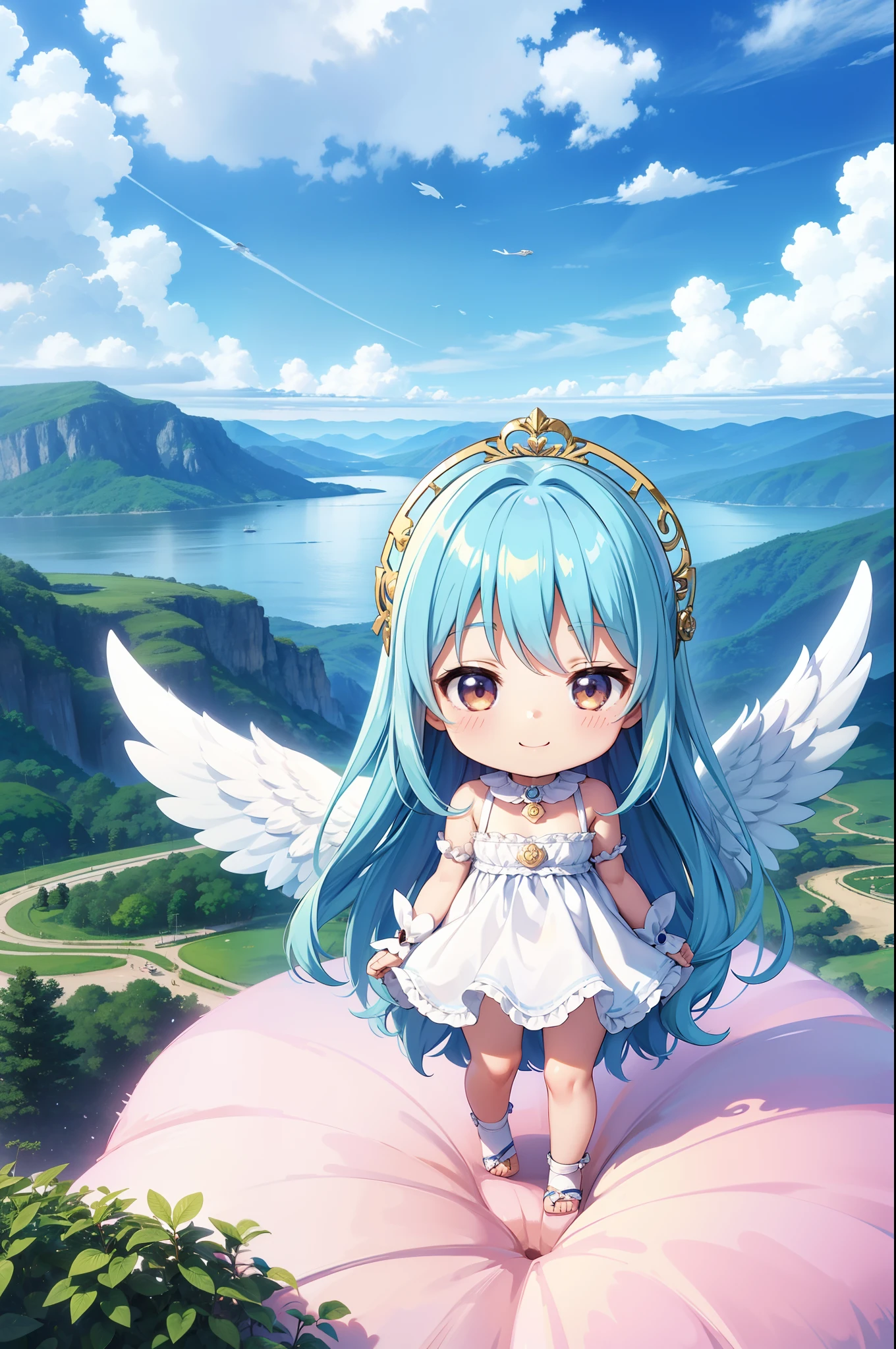 angelicales Chibichara large wings on the back、Flying comfortably in the sky adorable smiling long hair with blue hair((Chibi Chara))、Fluffy、girl with、Chibi Chara、full body Esbian、angel costume、Pastel colors hair、masutepiece、top-quality、Vast landscape in the background(a picture)