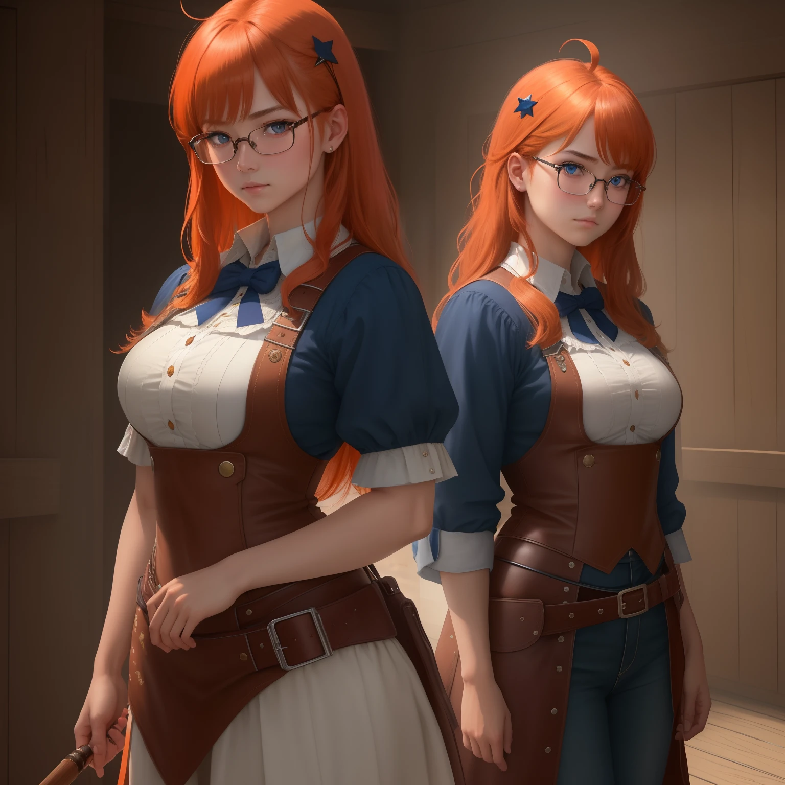 8k, masterpiece, best quality, realistic, higly detailed, cowboy shot, 1girl, solo, itsuki, serious looking girl, medium-length hair, expressive ahoge, reddish-orange hair, a pair of star-shaped hairpins near both of her eyes, dark blue eyes, average height, well-endowed figure, glasses, cute, Selflessnesser