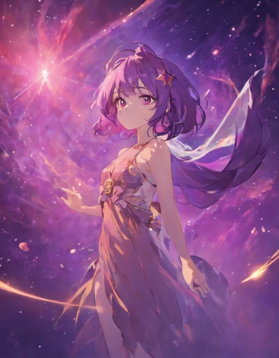 Cosmic foxgirl, foxgirl in space, red eyes, intense eyes, purple hair, small breasts, lonely expression, fox ears, dark purple hair, vivid background