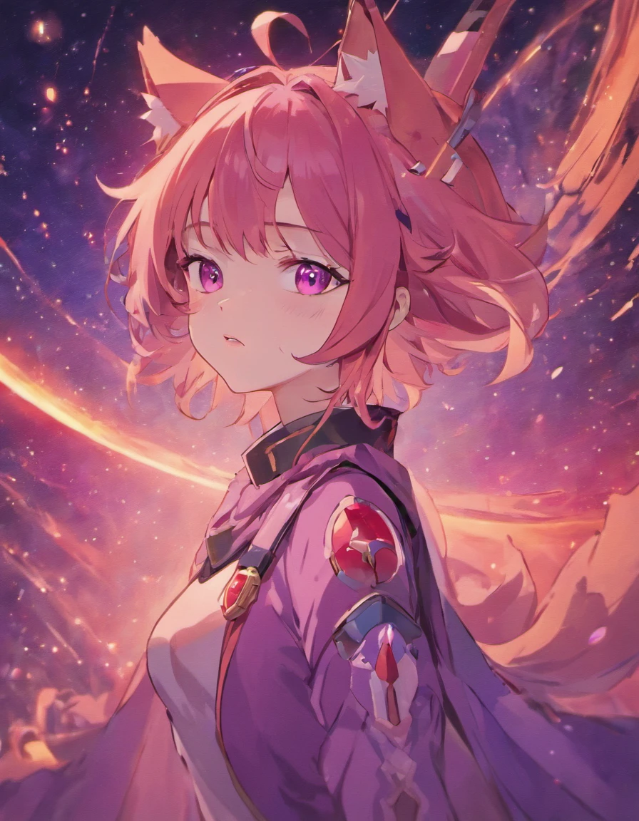 Cosmic foxgirl, foxgirl in space, red eyes, intense eyes, purple hair, small breasts, lonely expression, fox ears, dark purple hair, vivid background
