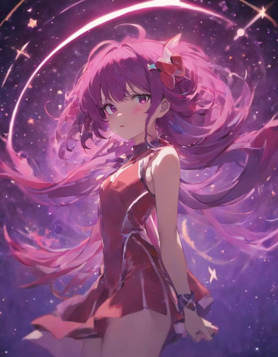 Cosmic foxgirl, foxgirl in space, red eyes, intense eyes, purple hair, small breasts, lonely expression, fox ears, dark purple hair, vivid background