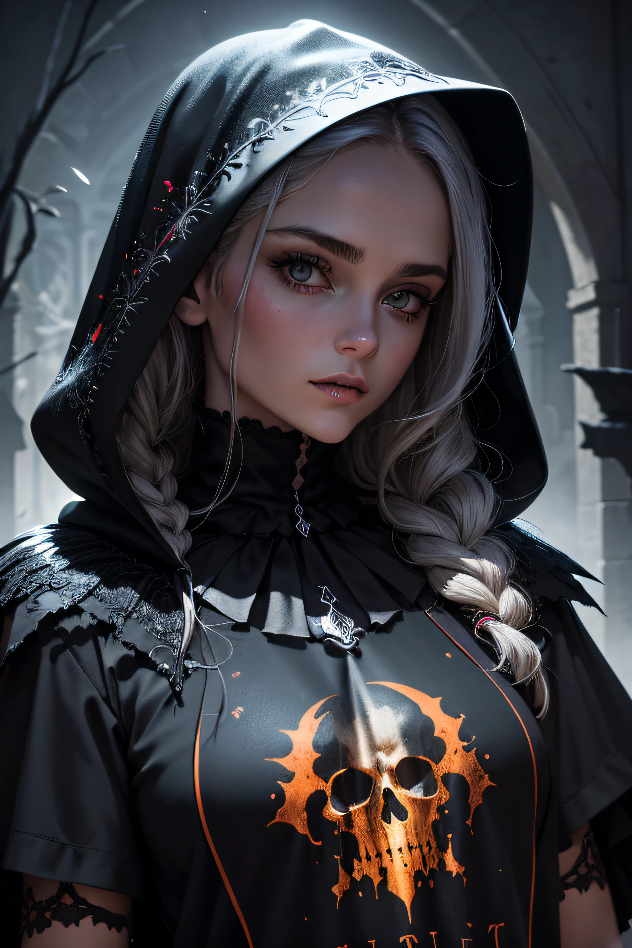 Conception de t-shirt, fond noir, Centered art, 2d, vecteur, splashes of bright colors, intricate high detail, Necromancer skull figure in black oil layer with wet glitter hood, Nuit de pleine lune, Minuit, cemetery, Tombes, Arbres secs, Annular light, Vignette Edge, Greg Rutkowski